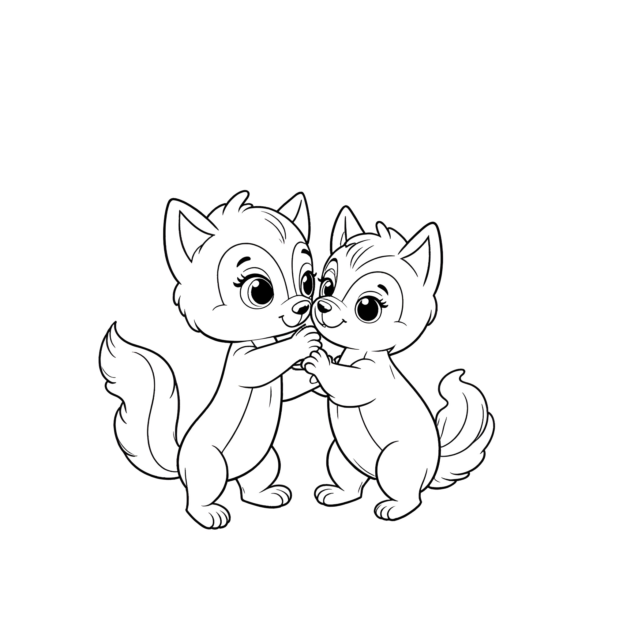 Skunk friends embracing happily Coloring Page (free black-and-white line drawing printable PDF for all, from beginners to advanced learners, including children, teens, adults, and seniors)