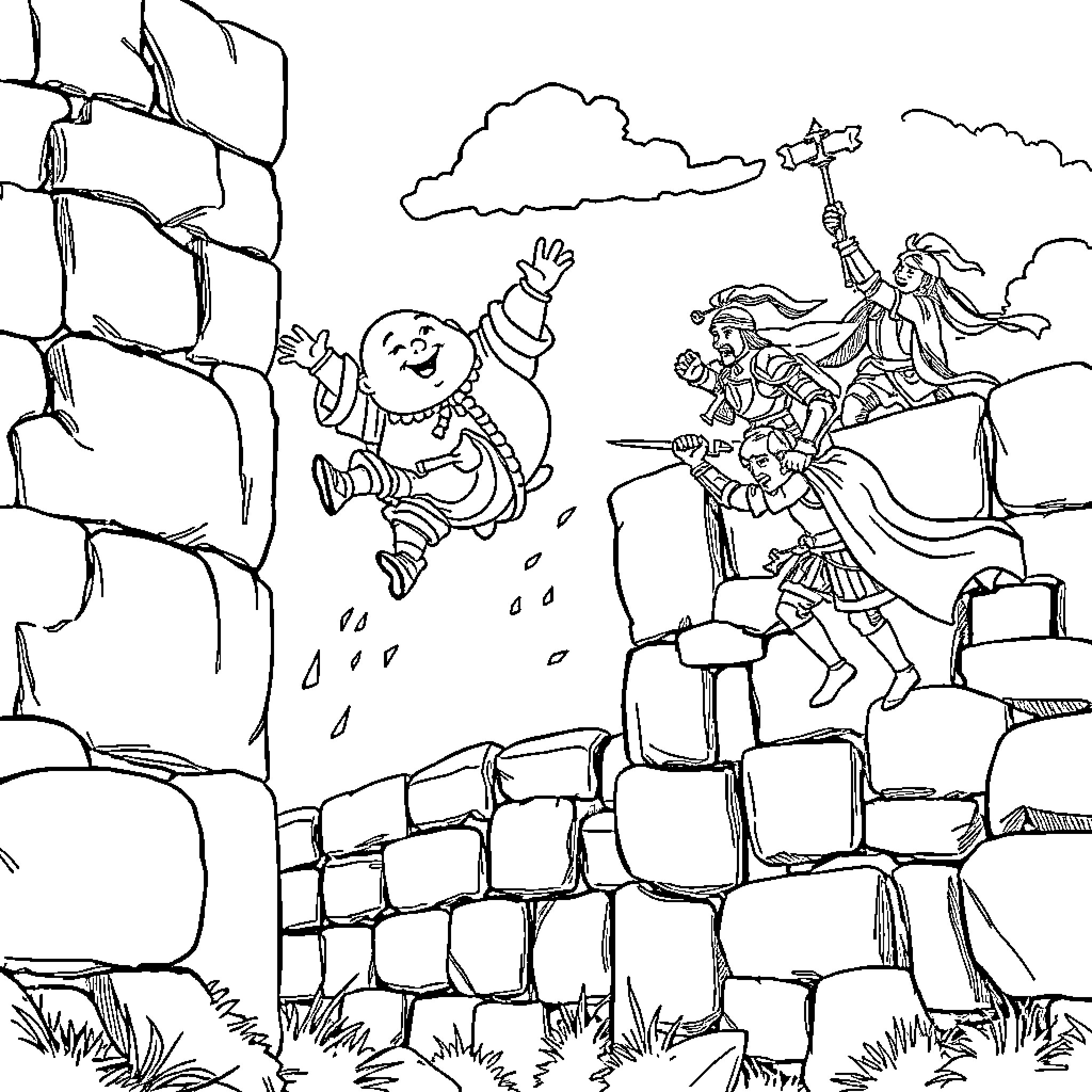 Humpty Dumpty's Great Fall and the Rescuers Coloring Page (free black-and-white line drawing printable PDF for all, from beginners to advanced learners, including children, teens, adults, and seniors)