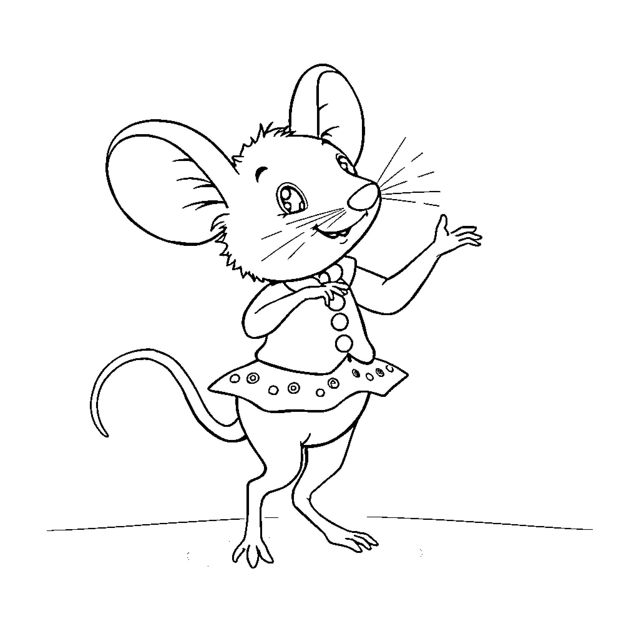 Mouse waving and wearing a spotted dress Coloring Page (free black-and-white line drawing printable PDF for all, from beginners to advanced learners, including children, teens, adults, and seniors)