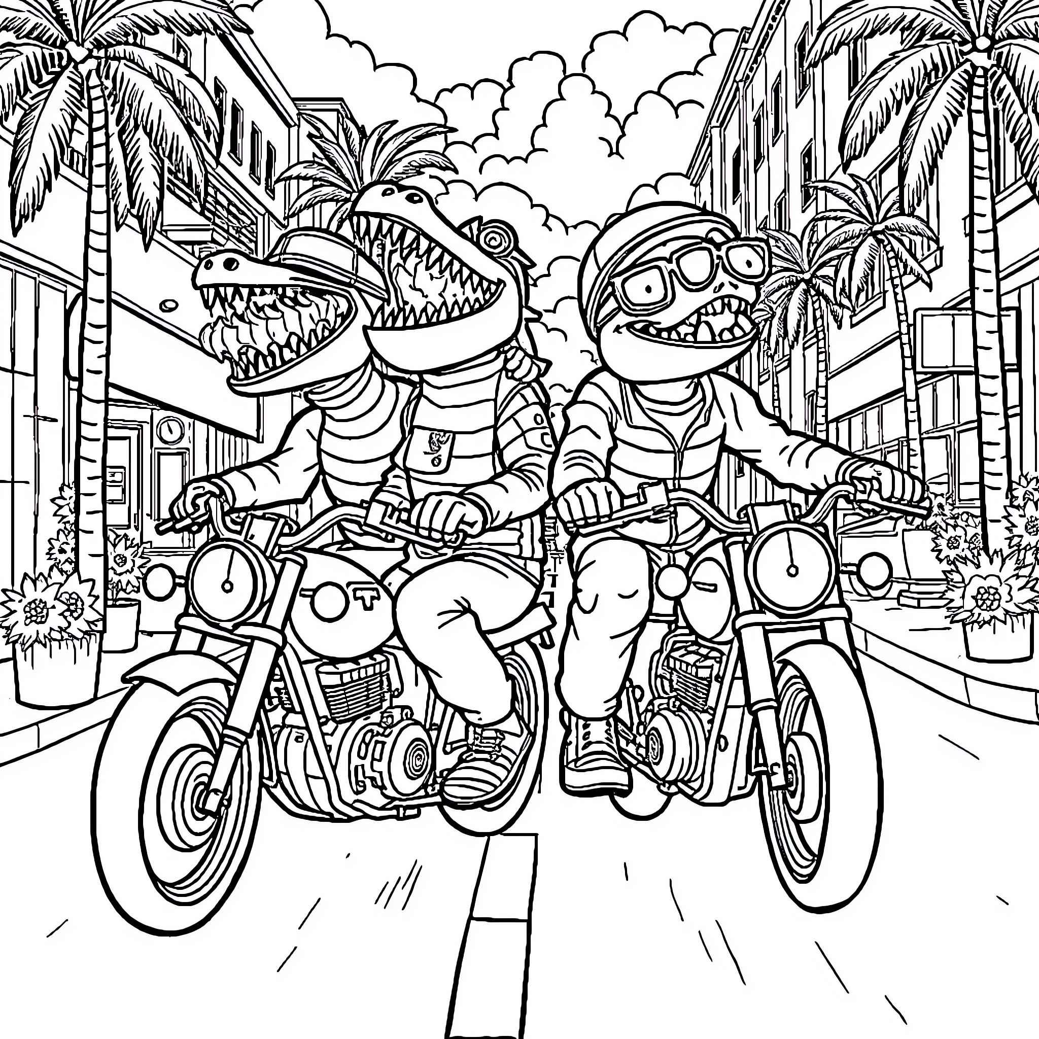 Crocodile Bikers Riding Motorcycles Through Tropical Town Coloring Page (free black-and-white line drawing printable PDF for all, from beginners to advanced learners, including children, teens, adults, and seniors)