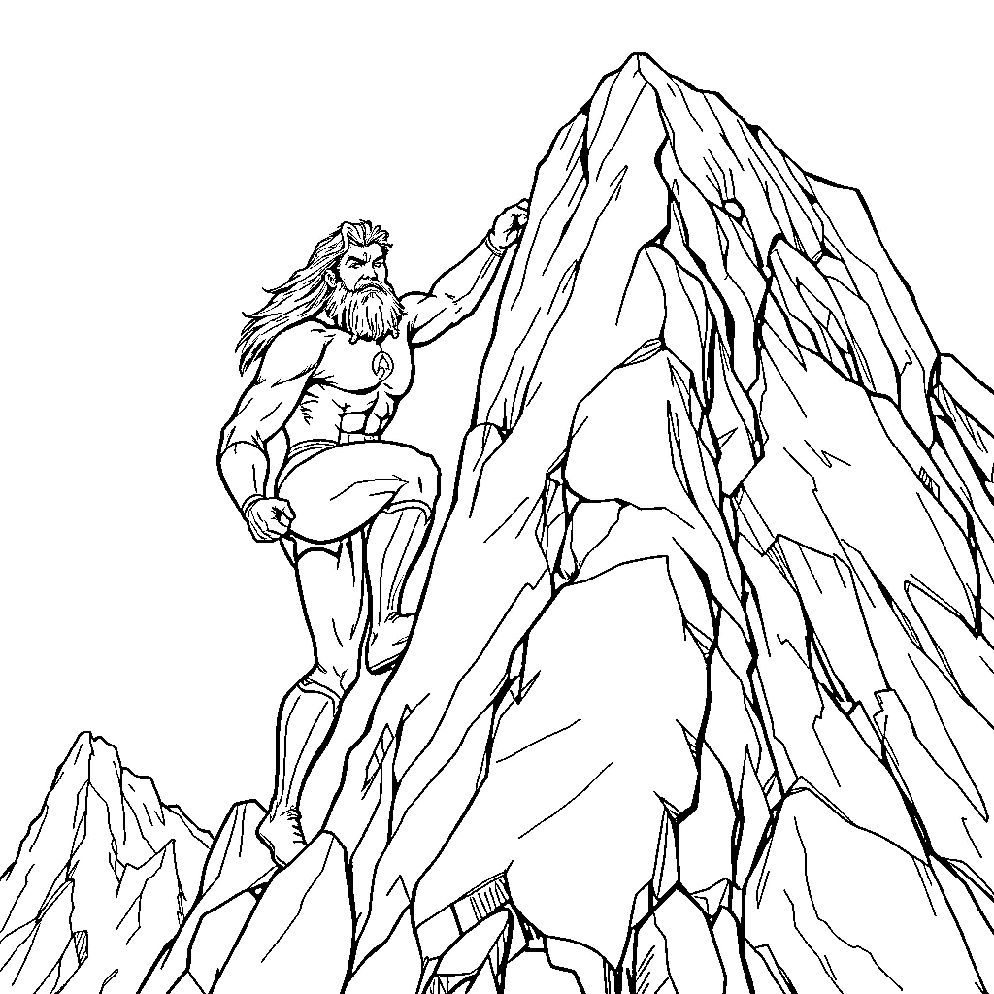 Aquaman scaling rugged mountain peaks Coloring Page (free black-and-white line drawing printable PDF for all, from beginners to advanced learners, including children, teens, adults, and seniors)