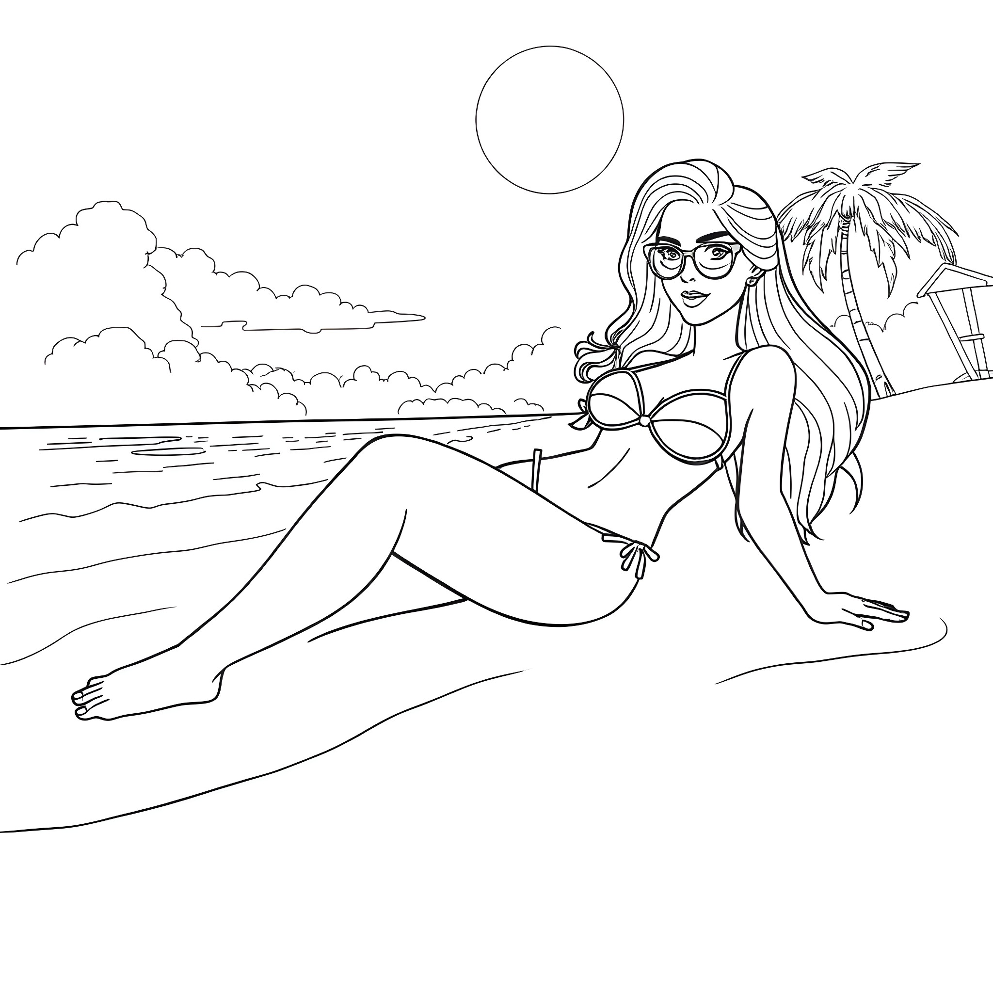 Rosalina relaxing on the beach under the sun Coloring Page (free black-and-white line drawing printable PDF for all, from beginners to advanced learners, including children, teens, adults, and seniors)