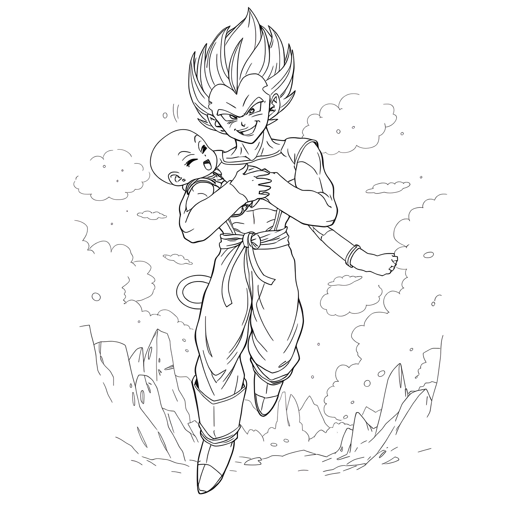 Vegeta's Powerful Stance in the Clouds Coloring Page (free black-and-white line drawing printable PDF for all, from beginners to advanced learners, including children, teens, adults, and seniors)