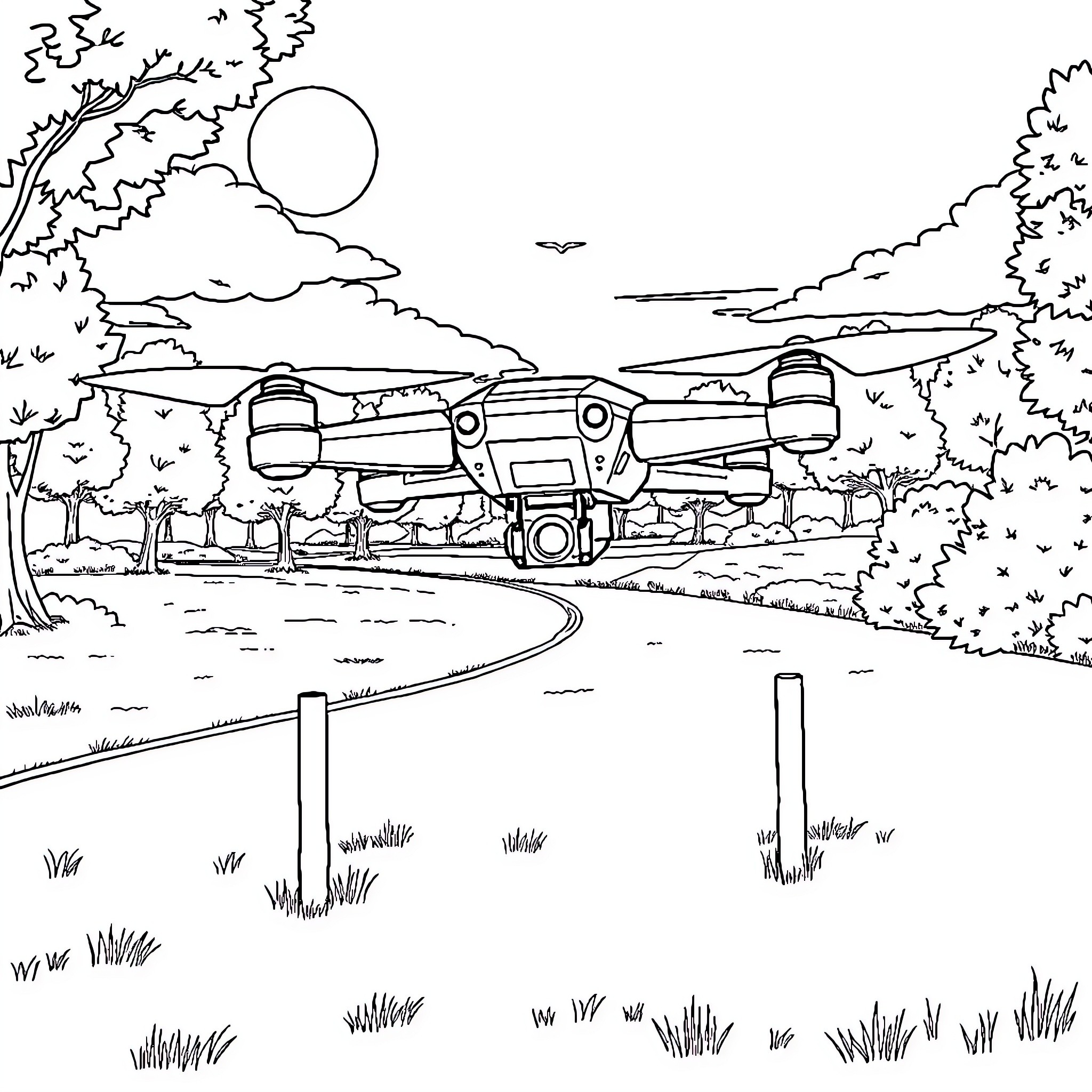 Drone flying over a rural landscape Coloring Page (free black-and-white line drawing printable PDF for all, from beginners to advanced learners, including children, teens, adults, and seniors)