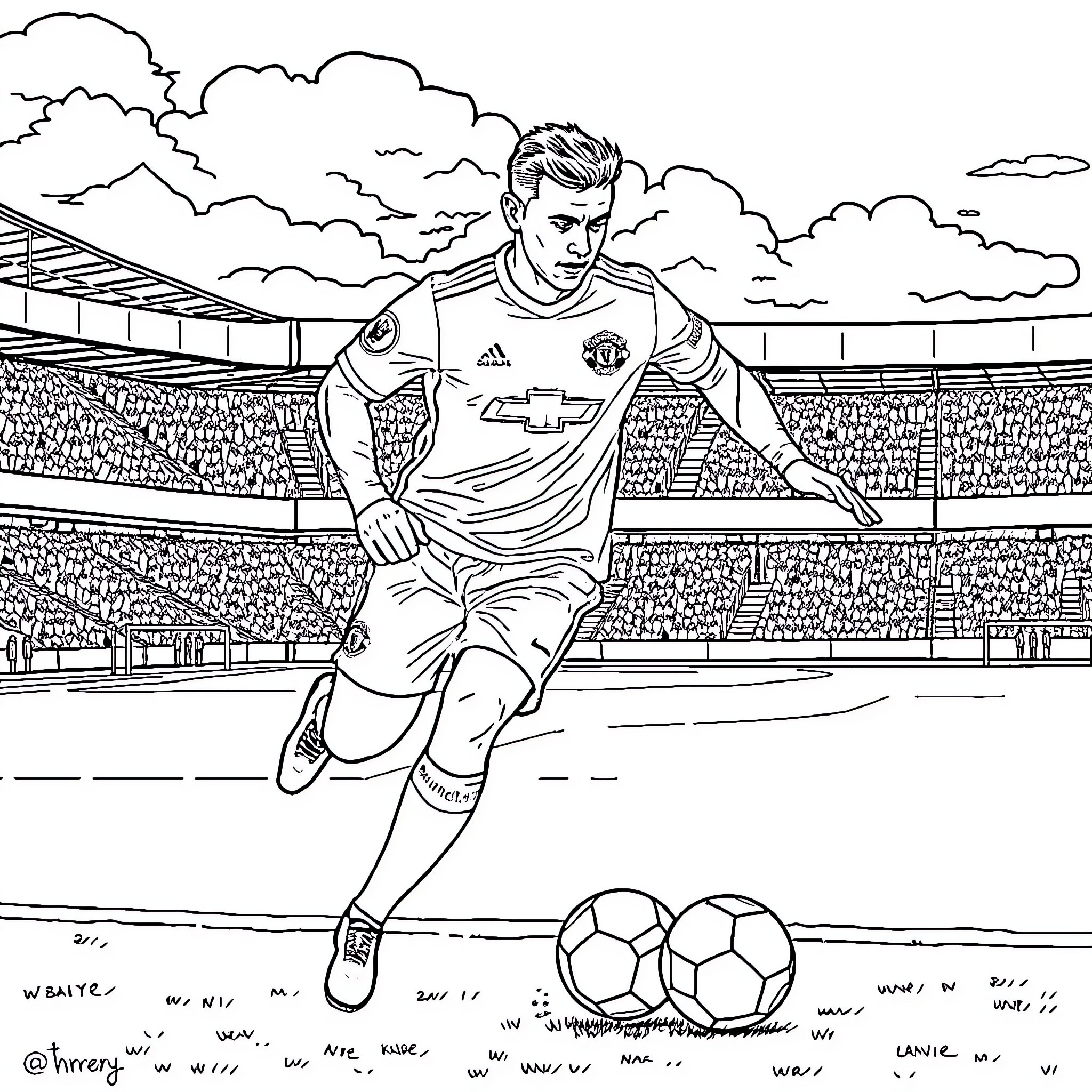Manchester United Player Running on the Field Coloring Page (free black-and-white line drawing printable PDF for all, from beginners to advanced learners, including children, teens, adults, and seniors)