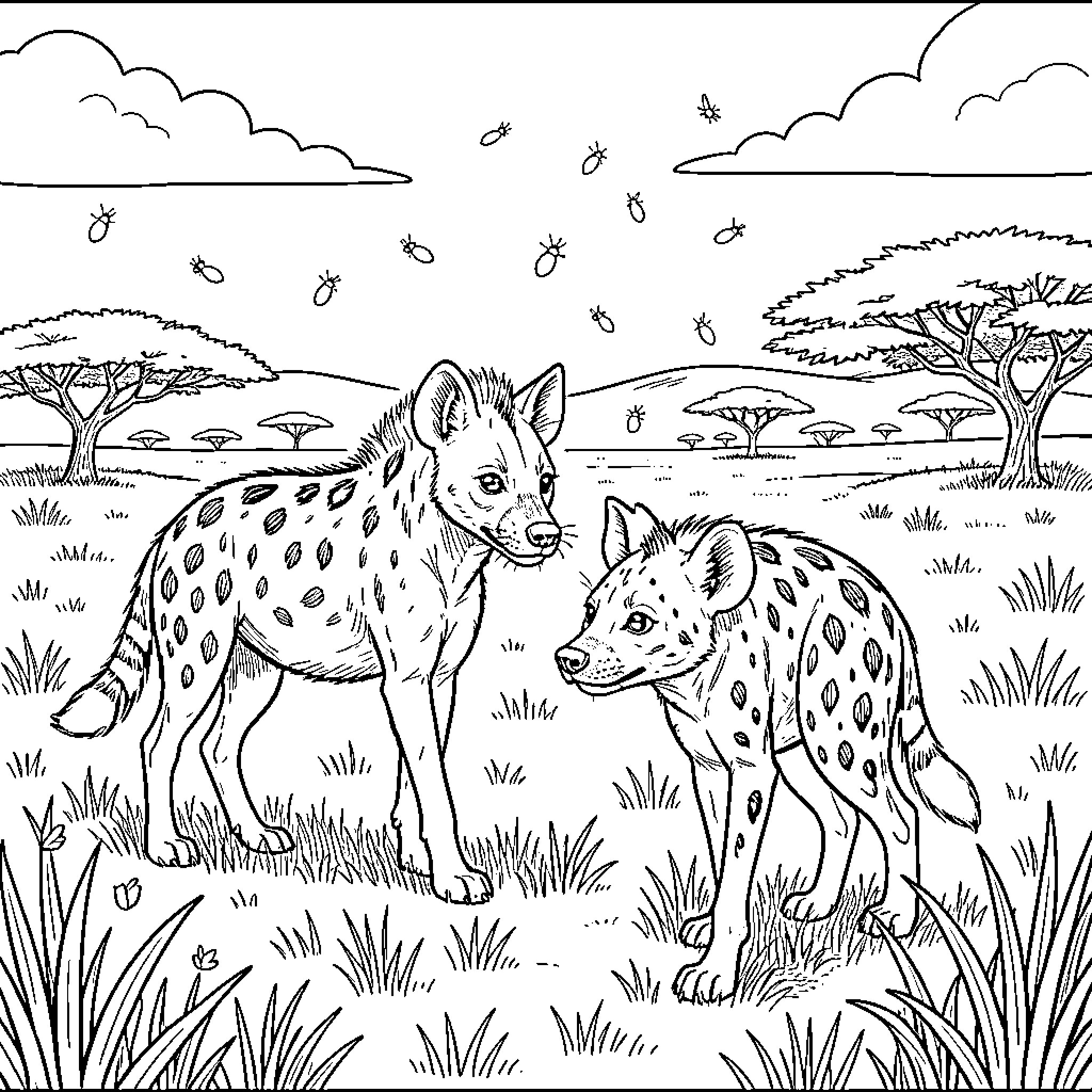 Hyena pair standing together in the savanna Coloring Page (free black-and-white line drawing printable PDF for all, from beginners to advanced learners, including children, teens, adults, and seniors)