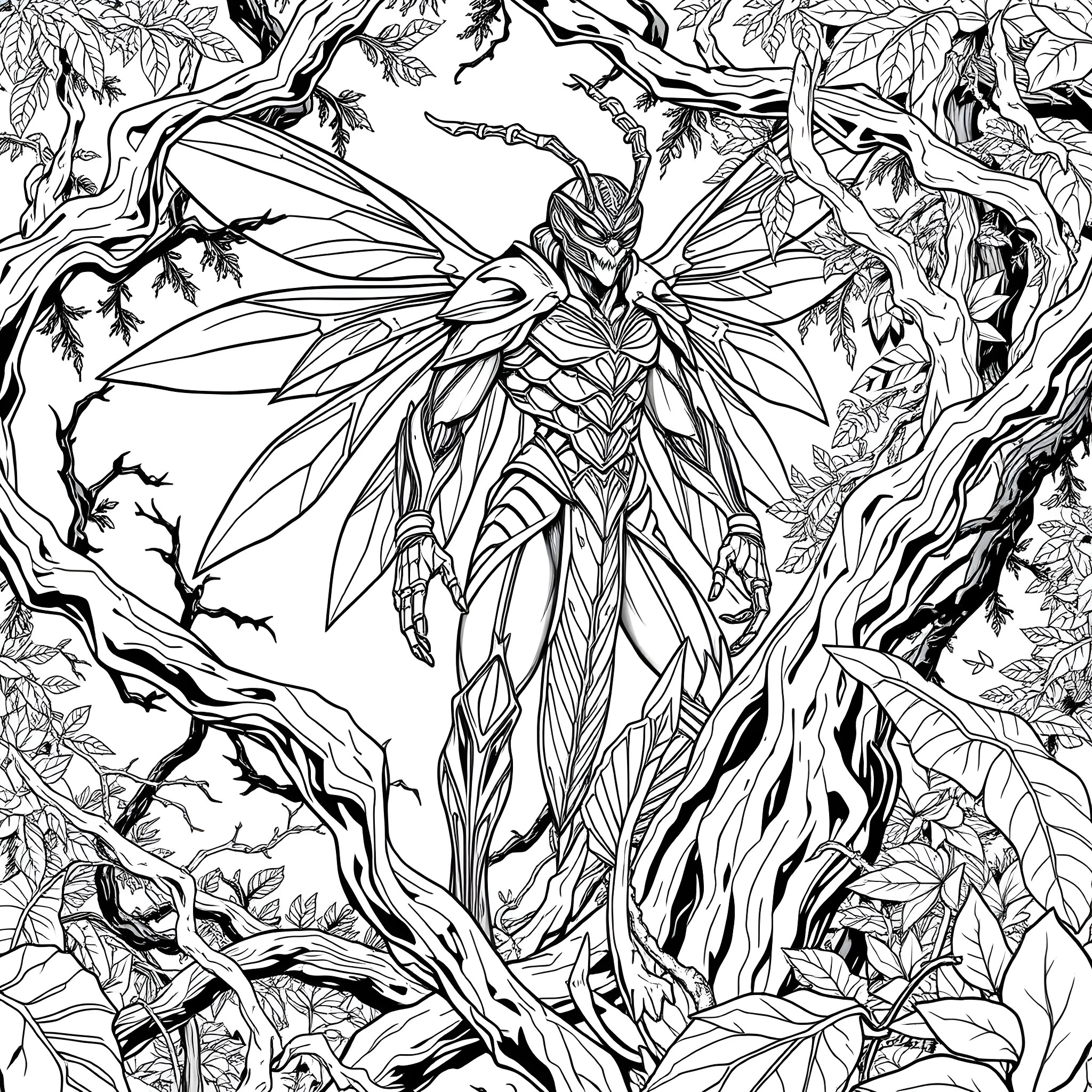 Wasp-like creature amid intricate foliage Coloring Page (free black-and-white line drawing printable PDF for all, from beginners to advanced learners, including children, teens, adults, and seniors)