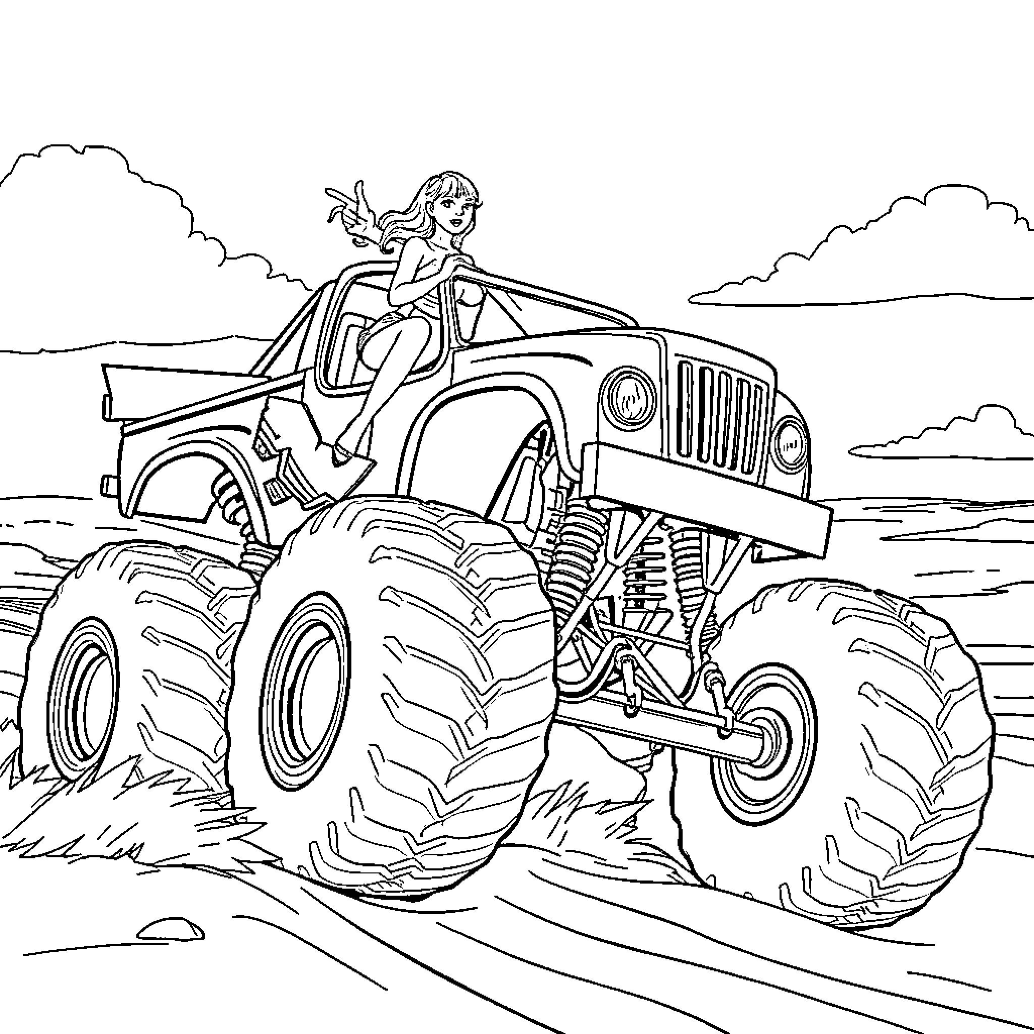 Taylor Swift riding a monster truck through the countryside Coloring Page (free black-and-white line drawing printable PDF for all, from beginners to advanced learners, including children, teens, adults, and seniors)