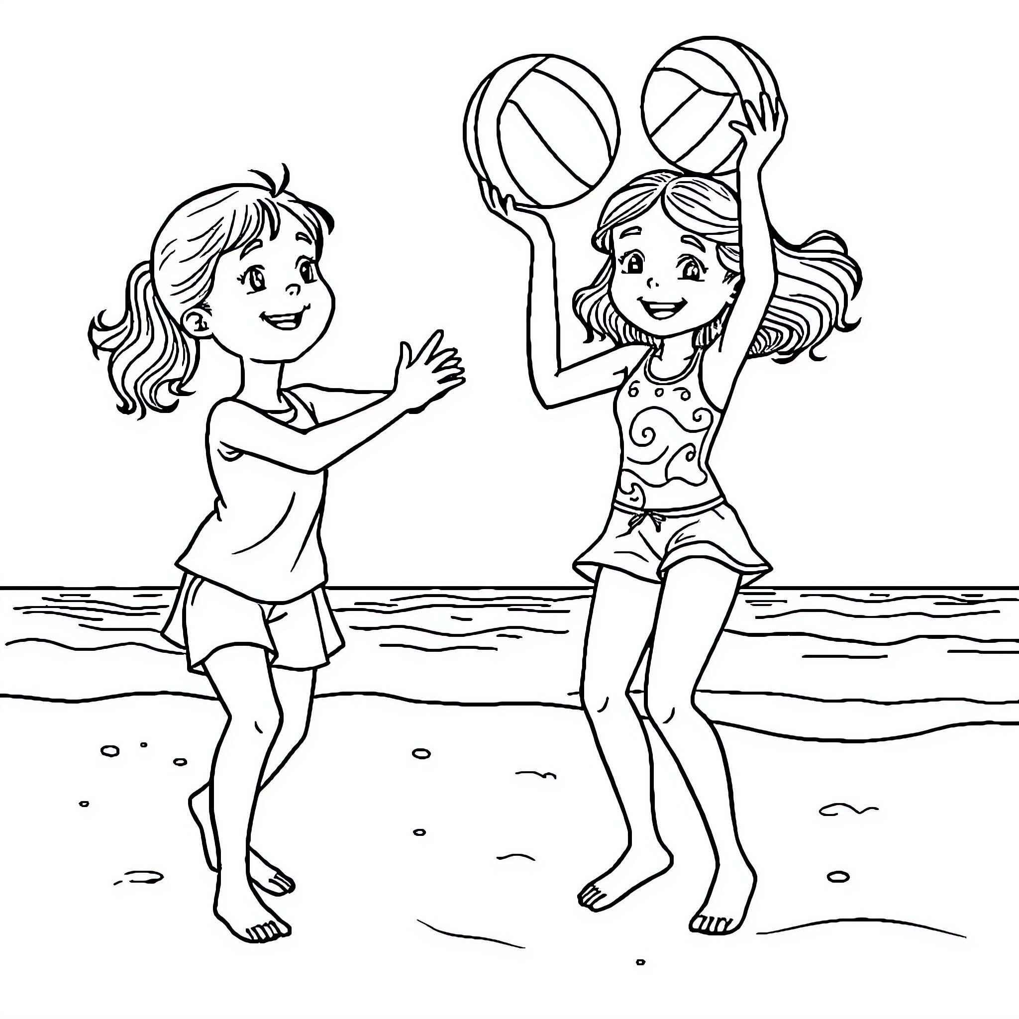 Girls playing with beach ball on the shore Coloring Page (free black-and-white line drawing printable PDF for all, from beginners to advanced learners, including children, teens, adults, and seniors)