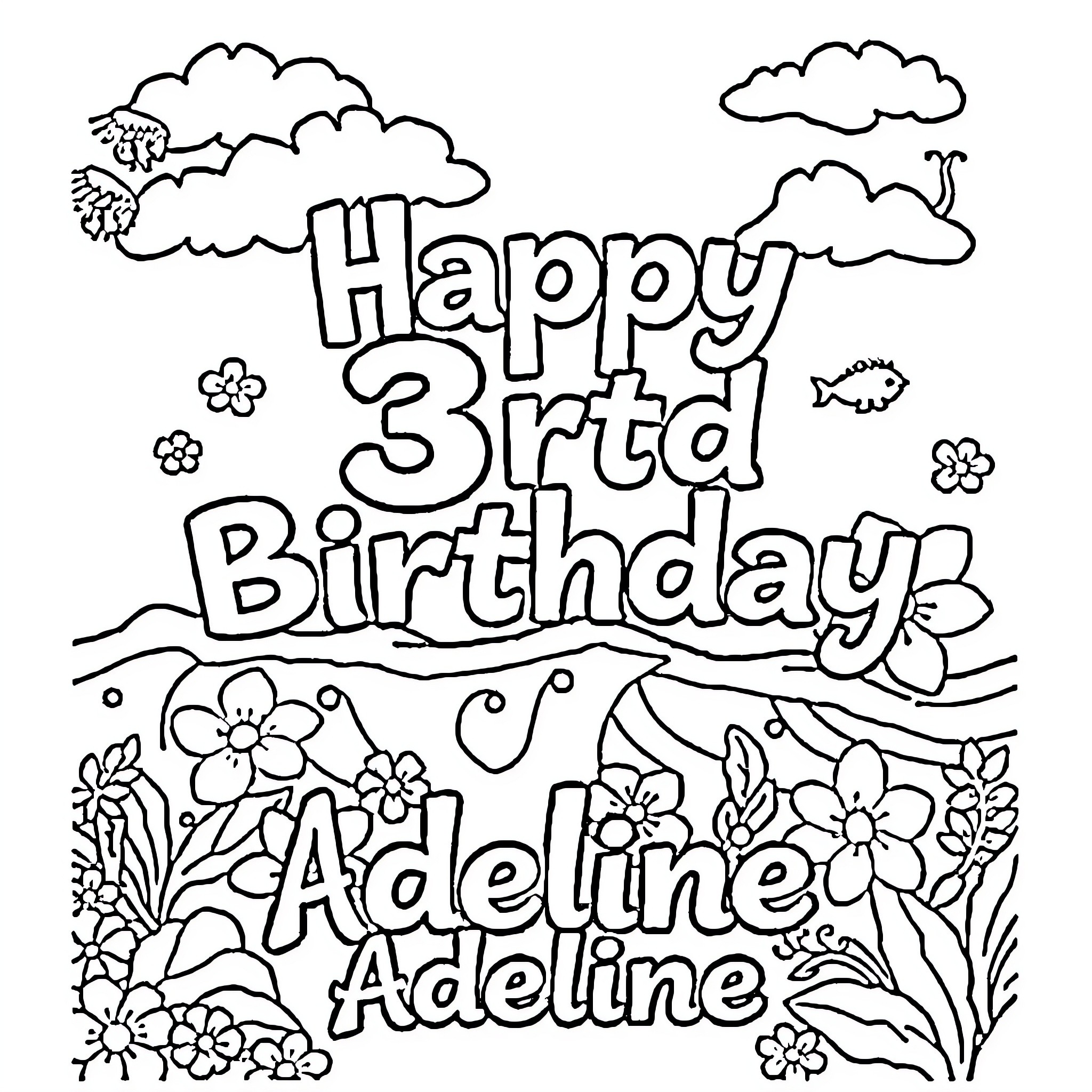 Moana's happy 3rd birthday with flowers and nature Coloring Page (free black-and-white line drawing printable PDF for all, from beginners to advanced learners, including children, teens, adults, and seniors)