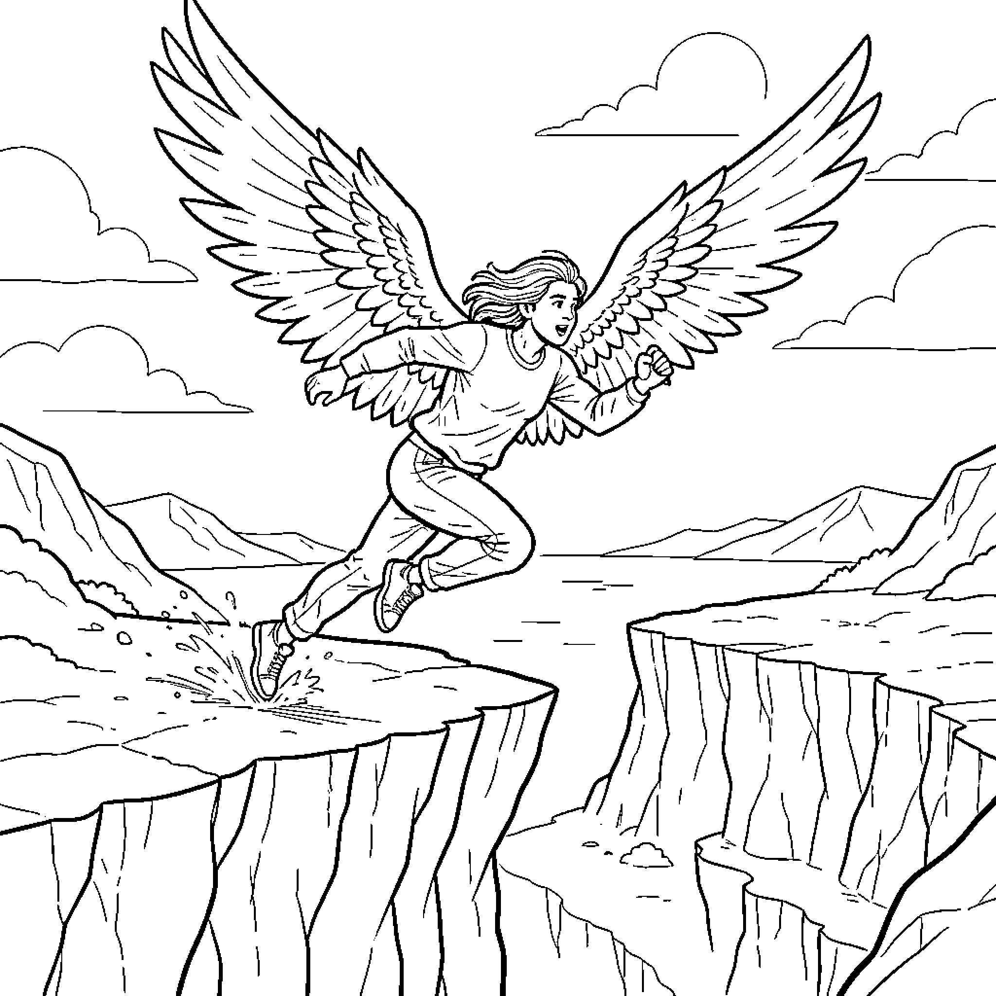 Person with angel wings soaring over rocky landscape Coloring Page (free black-and-white line drawing printable PDF for all, from beginners to advanced learners, including children, teens, adults, and seniors)