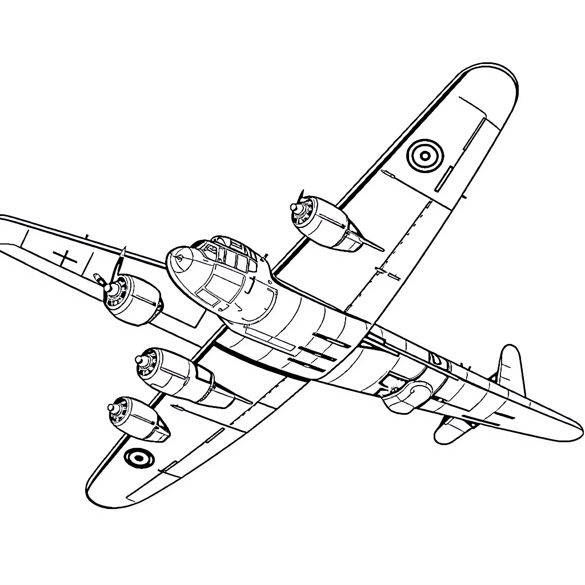 Avro Lancaster Bomber Outlined in Monochrome Coloring Page (free black-and-white line drawing printable PDF for all, from beginners to advanced learners, including children, teens, adults, and seniors)