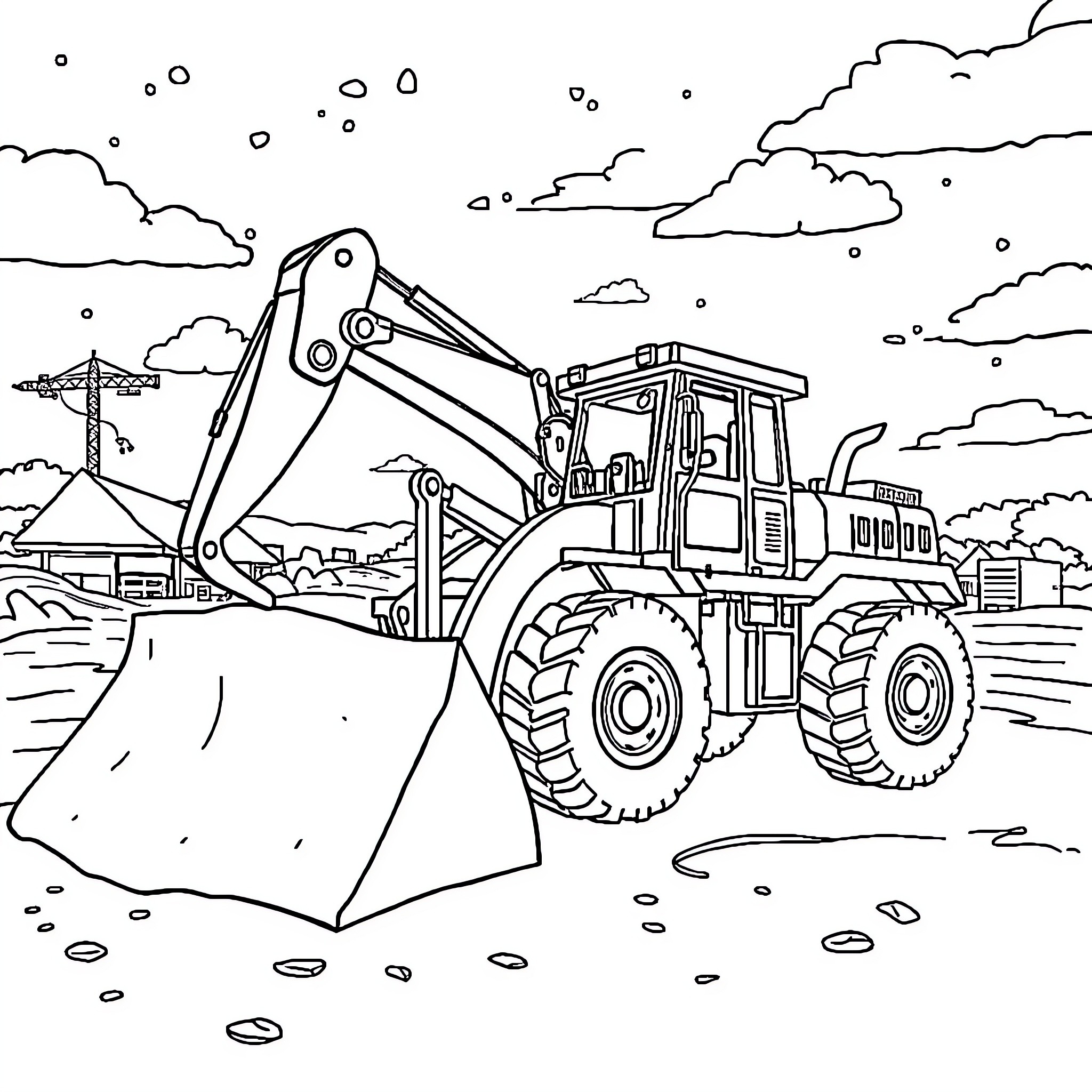 Construction Vehicle at Work on Construction Site Coloring Page (free black-and-white line drawing printable PDF for all, from beginners to advanced learners, including children, teens, adults, and seniors)