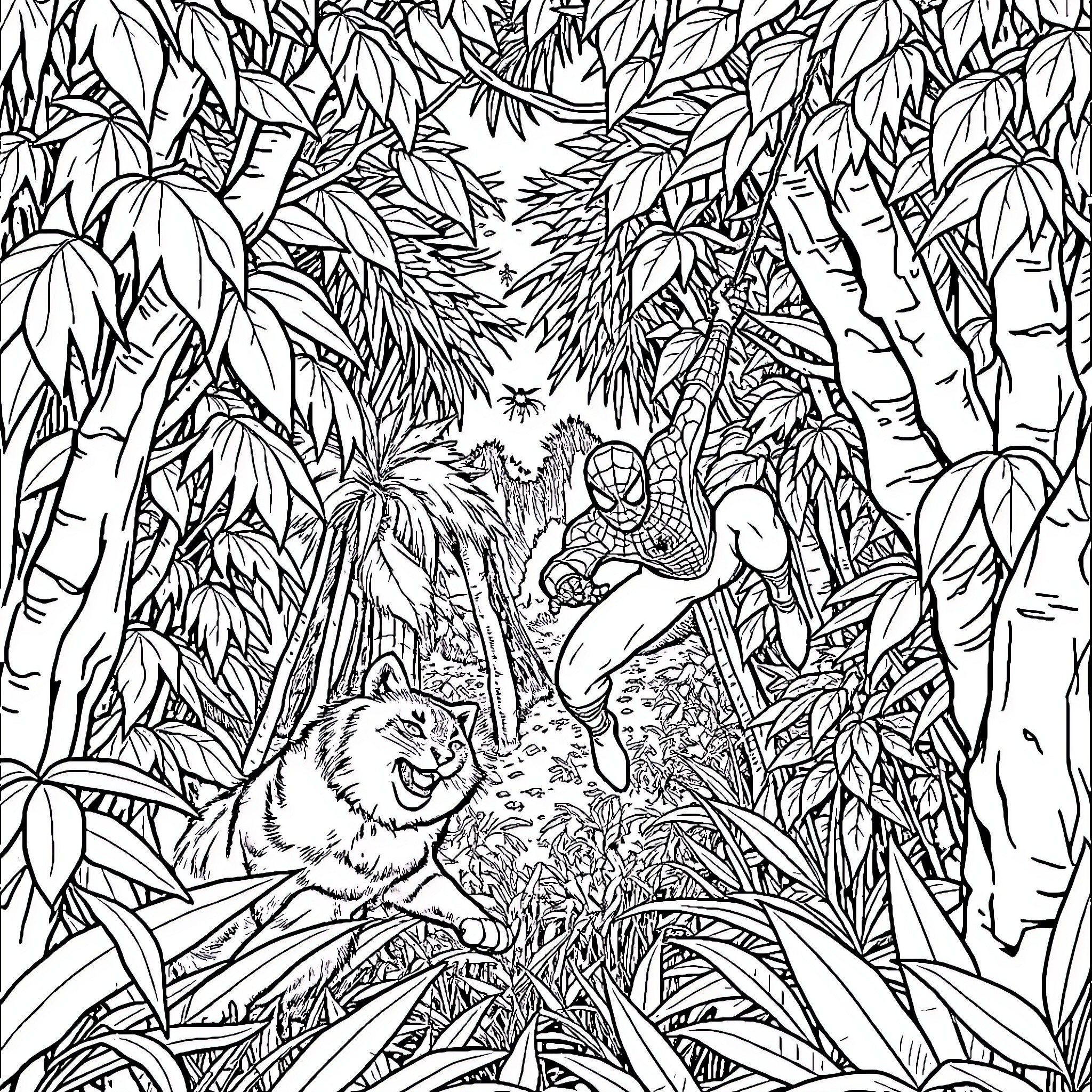 Spiderman swinging through dense jungle with wildlife Coloring Page (free black-and-white line drawing printable PDF for all, from beginners to advanced learners, including children, teens, adults, and seniors)