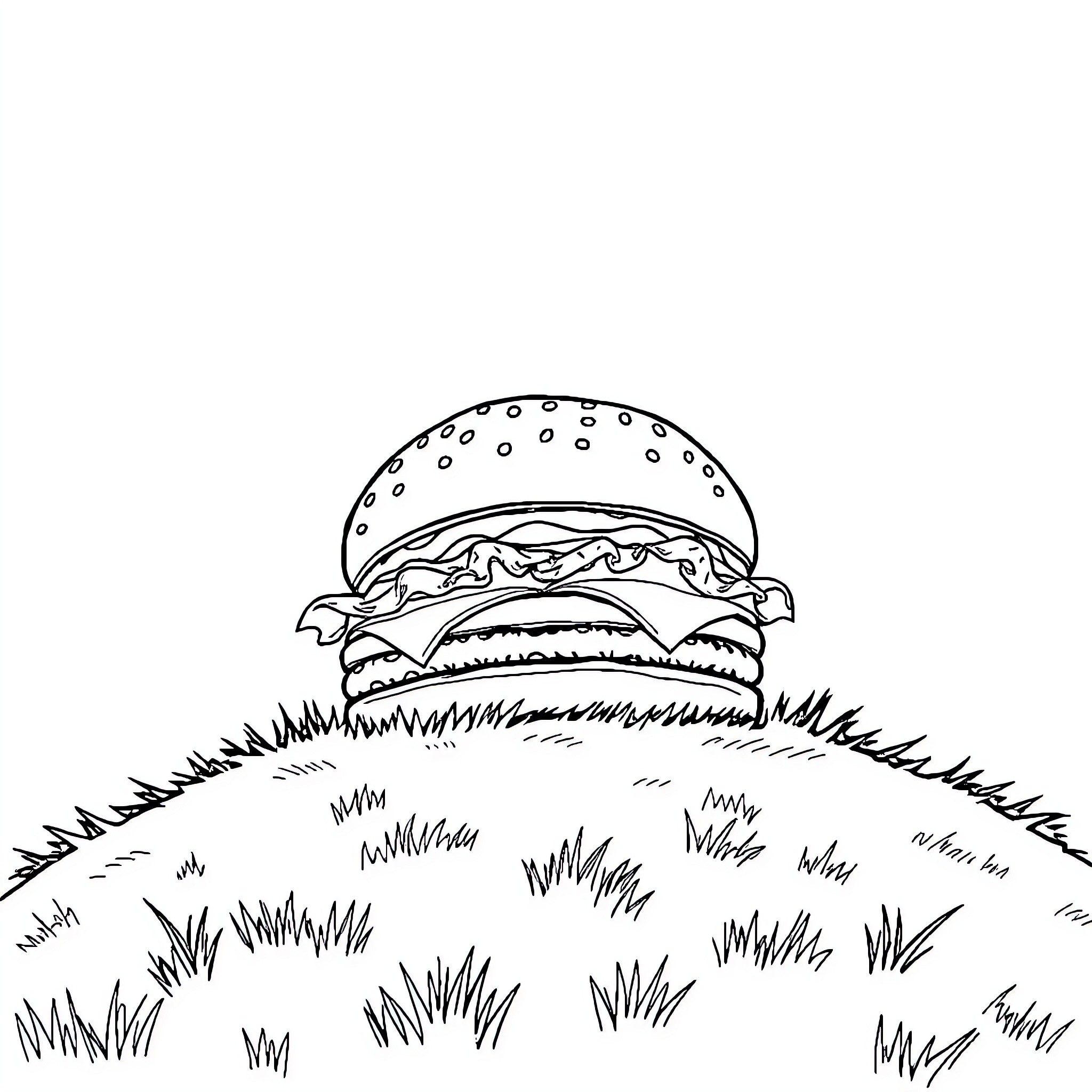 Burger emerging from grassy field Coloring Page (free black-and-white line drawing printable PDF for all, from beginners to advanced learners, including children, teens, adults, and seniors)