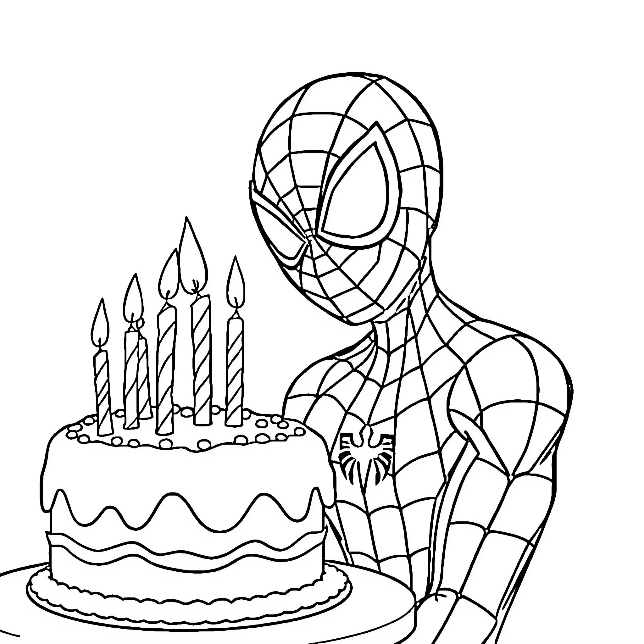 Spiderman celebrating with birthday cake Coloring Page (free black-and-white line drawing printable PDF for all, from beginners to advanced learners, including children, teens, adults, and seniors)