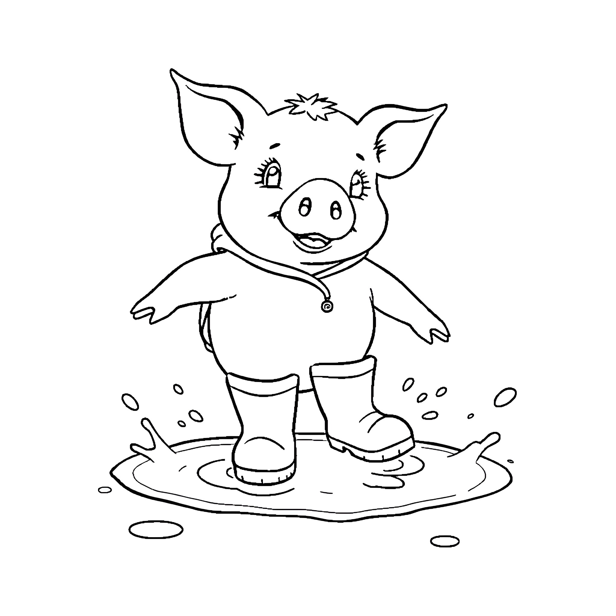 Pig enjoying a rainy day in rain boots Coloring Page (free black-and-white line drawing printable PDF for all, from beginners to advanced learners, including children, teens, adults, and seniors)