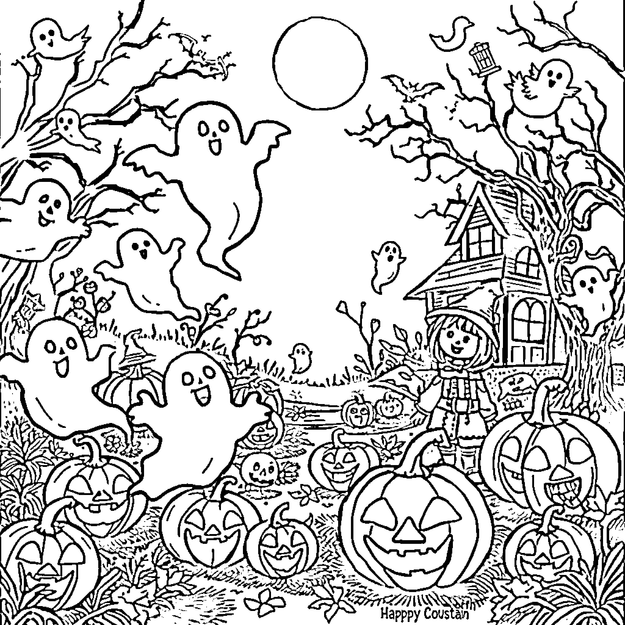Halloween Festive Scene with Ghosts, Pumpkins, and Haunted House Coloring Page (free black-and-white line drawing printable PDF for all, from beginners to advanced learners, including children, teens, adults, and seniors)