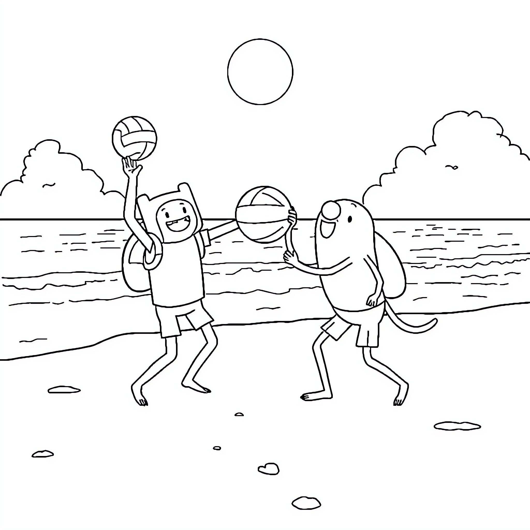 Finn playing volleyball with a sea creature on the beach Coloring Page (free black-and-white line drawing printable PDF for all, from beginners to advanced learners, including children, teens, adults, and seniors)