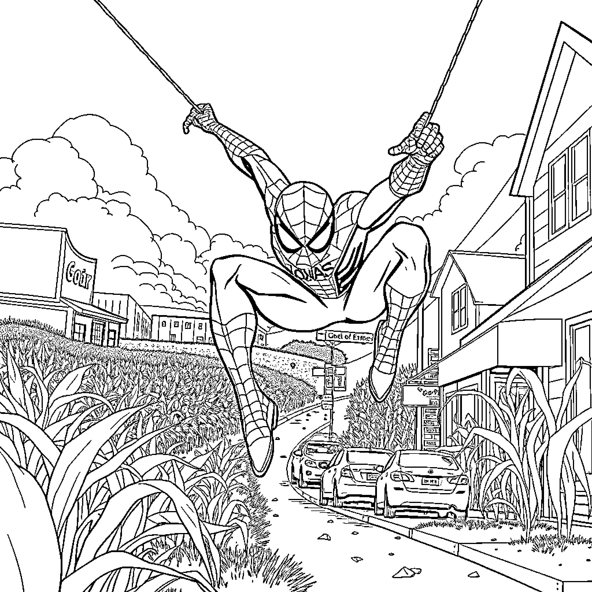 Spider-Man swinging through city streets Coloring Page (free black-and-white line drawing printable PDF for all, from beginners to advanced learners, including children, teens, adults, and seniors)