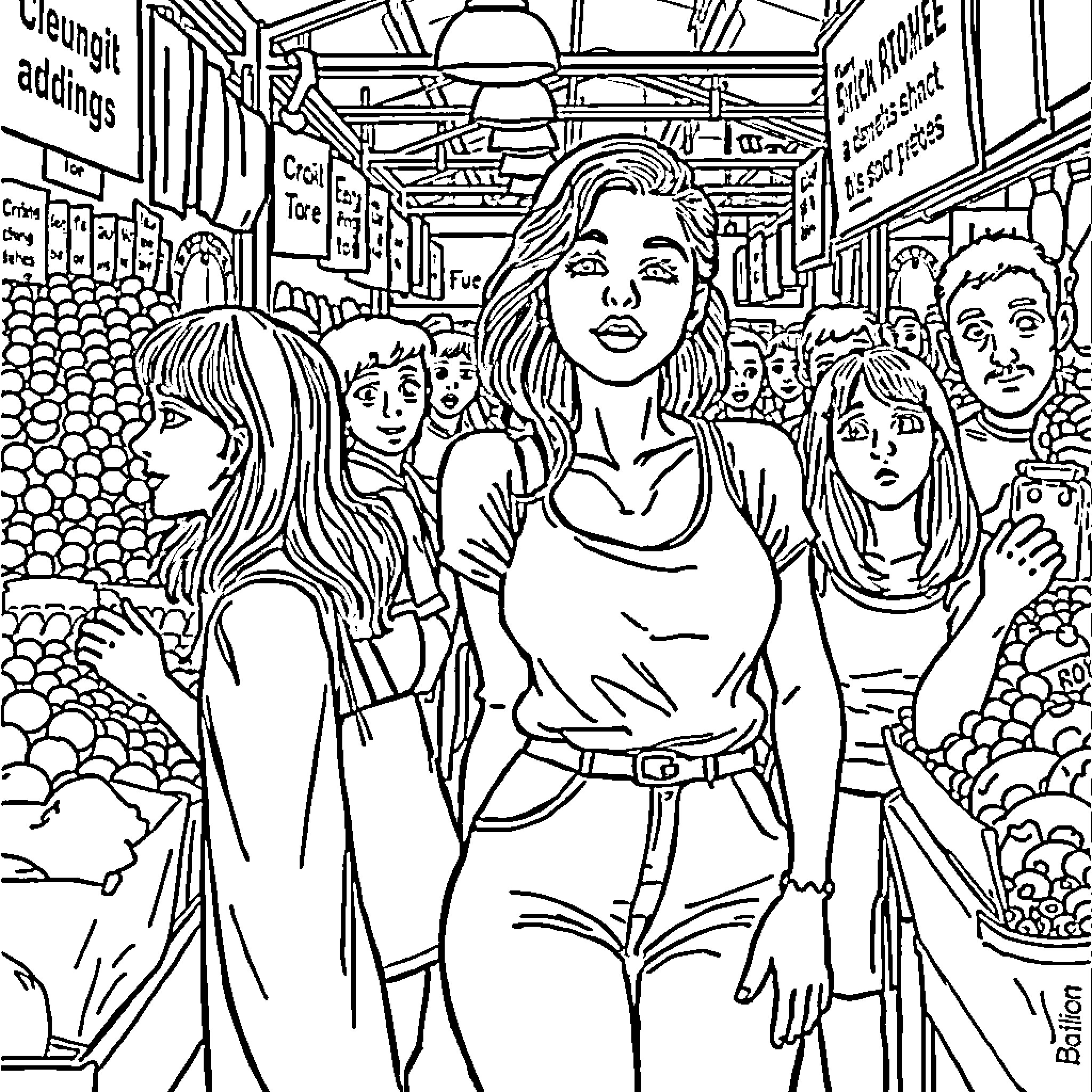 Woman in a crowded city street Coloring Page (free black-and-white line drawing printable PDF for all, from beginners to advanced learners, including children, teens, adults, and seniors)