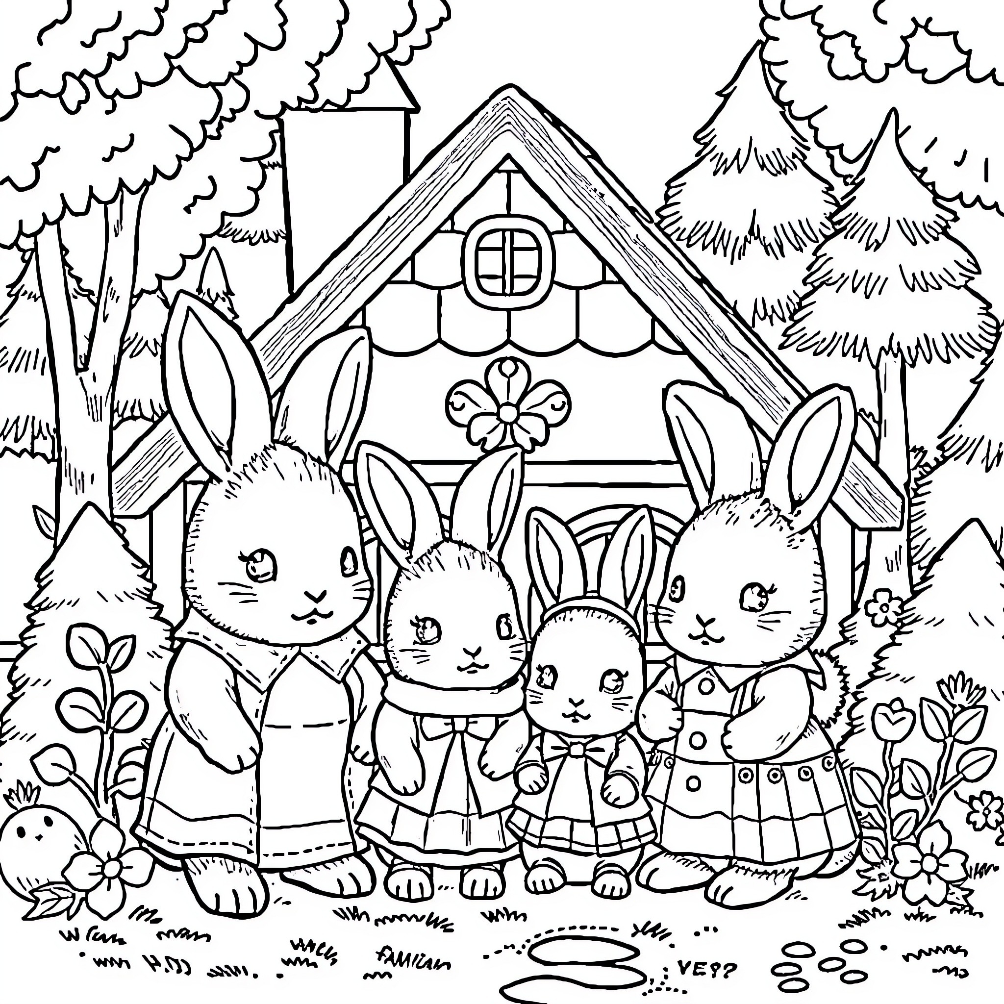 Chocolate Rabbit family enjoying a cozy cottage in the woods Coloring Page (free black-and-white line drawing printable PDF for all, from beginners to advanced learners, including children, teens, adults, and seniors)