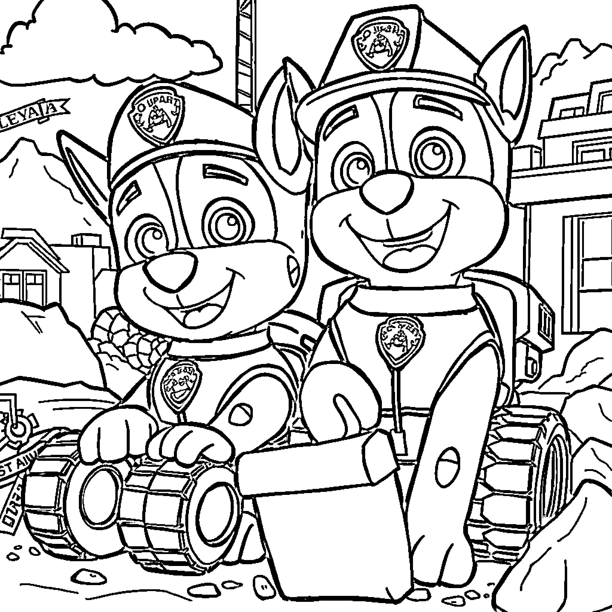 Chase through the City Streets with Excited Pups Coloring Page (free black-and-white line drawing printable PDF for all, from beginners to advanced learners, including children, teens, adults, and seniors)