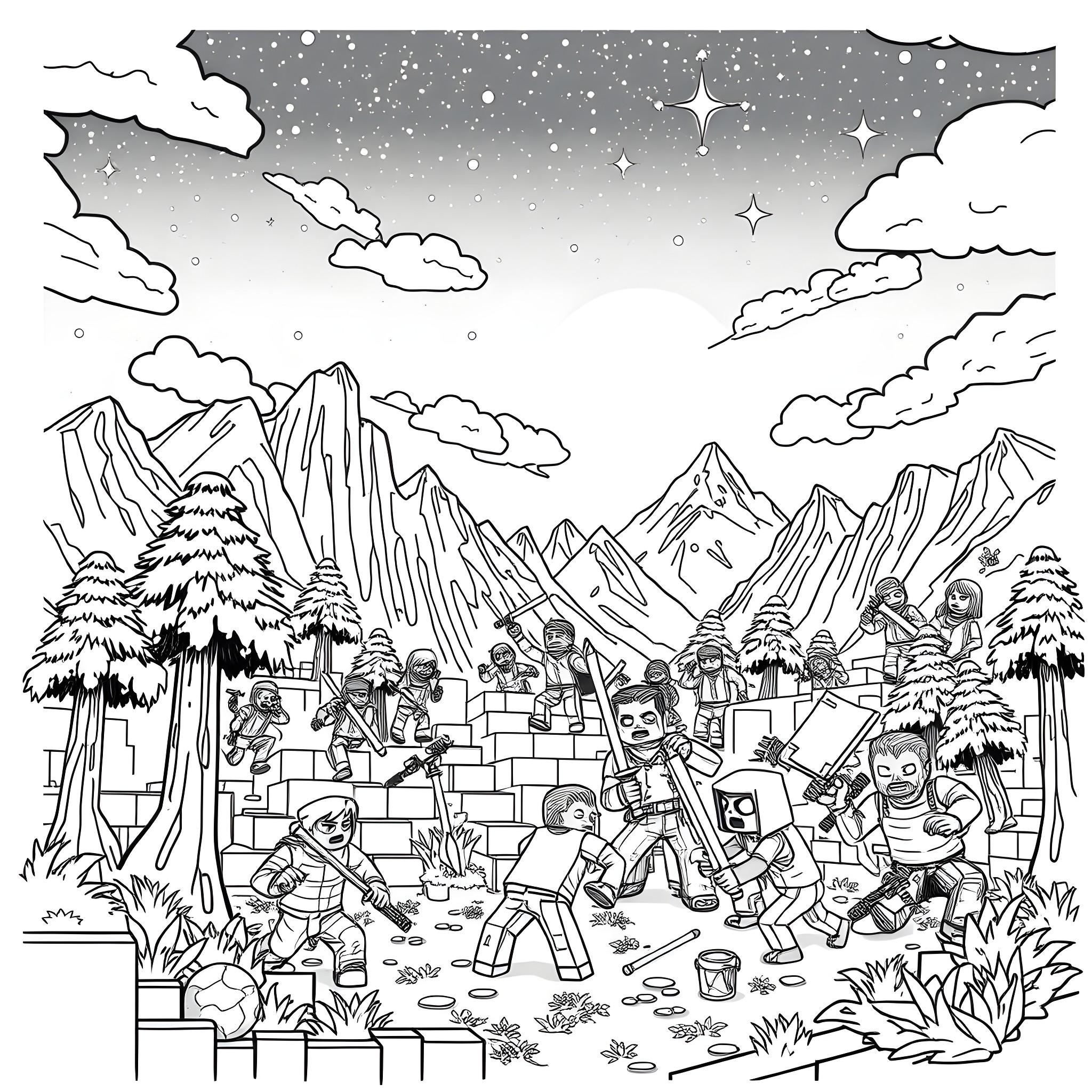 Minecraft Characters Engaging in Outdoor Activities Coloring Page (free black-and-white line drawing printable PDF for all, from beginners to advanced learners, including children, teens, adults, and seniors)