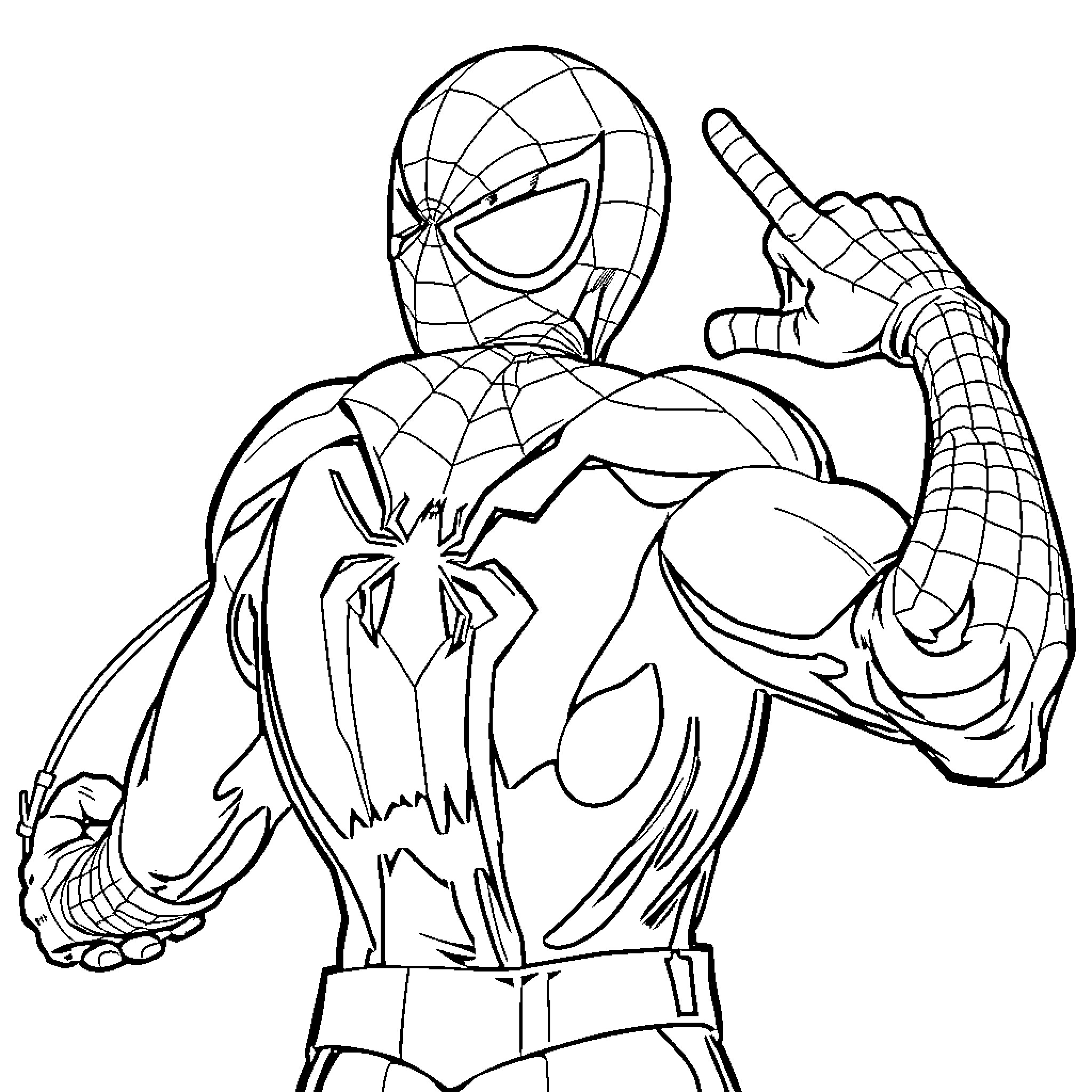 Spider-Man swinging into action Coloring Page (free black-and-white line drawing printable PDF for all, from beginners to advanced learners, including children, teens, adults, and seniors)