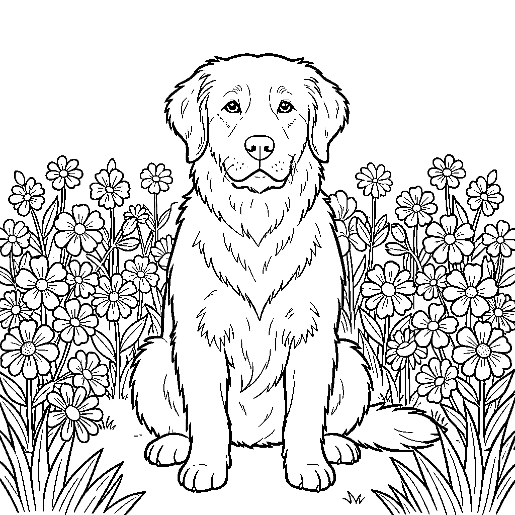 Australian Shepherd sitting calmly amidst a field of flowers Coloring Page (free black-and-white line drawing printable PDF for all, from beginners to advanced learners, including children, teens, adults, and seniors)