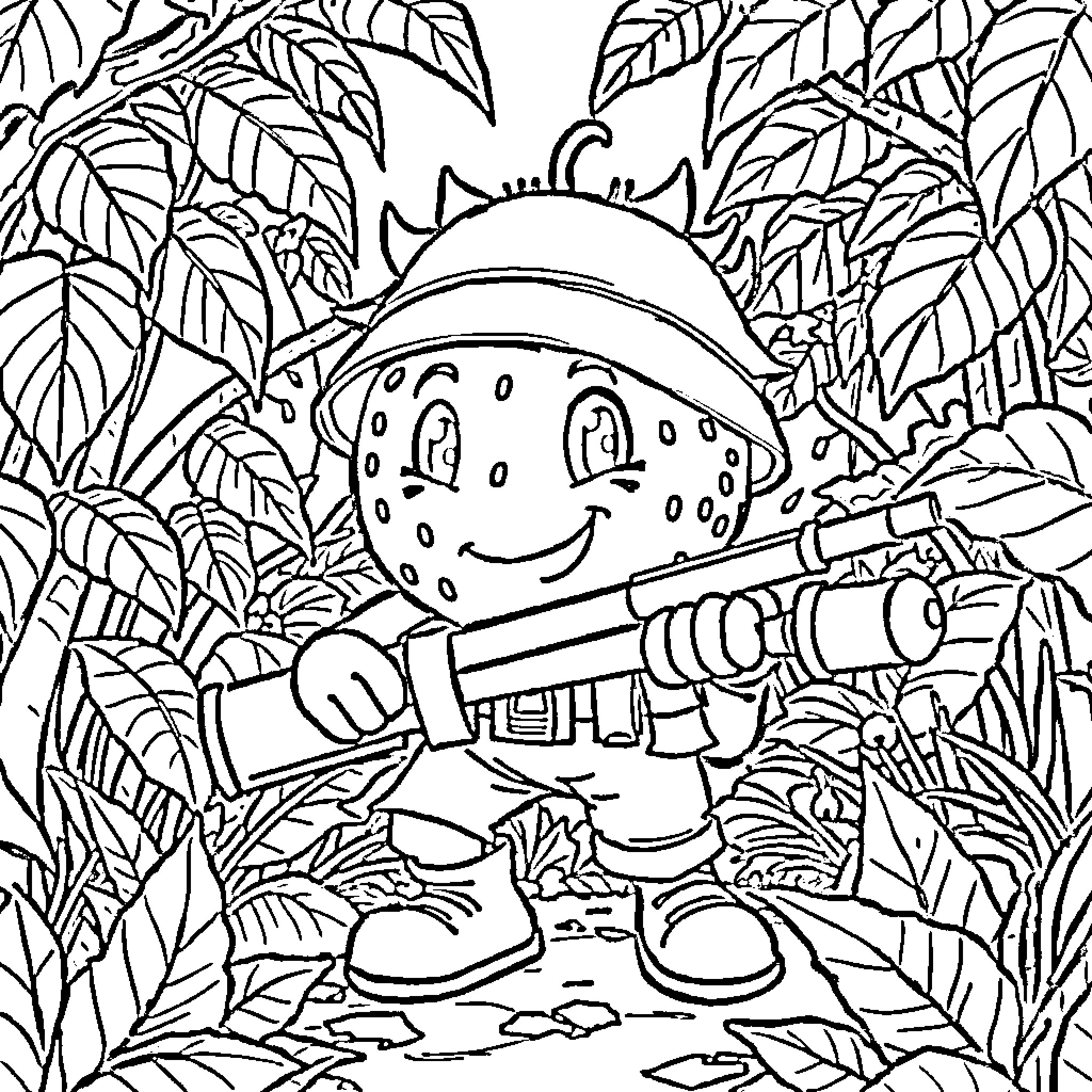 Strawberry Explorer in the Jungle Coloring Page (free black-and-white line drawing printable PDF for all, from beginners to advanced learners, including children, teens, adults, and seniors)
