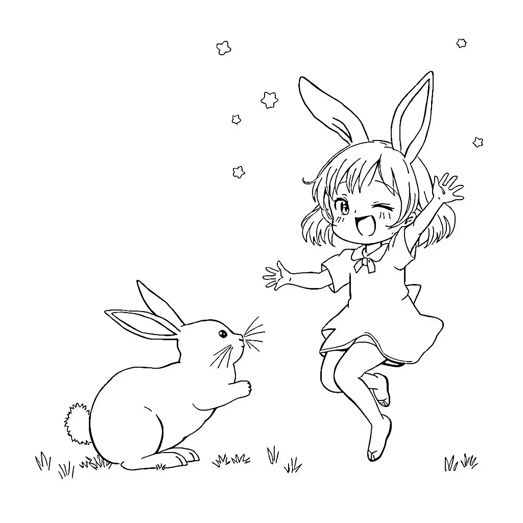 Girl in Bunny Costume Plays with Rabbit Coloring Page (free black-and-white line drawing printable PDF for all, from beginners to advanced learners, including children, teens, adults, and seniors)