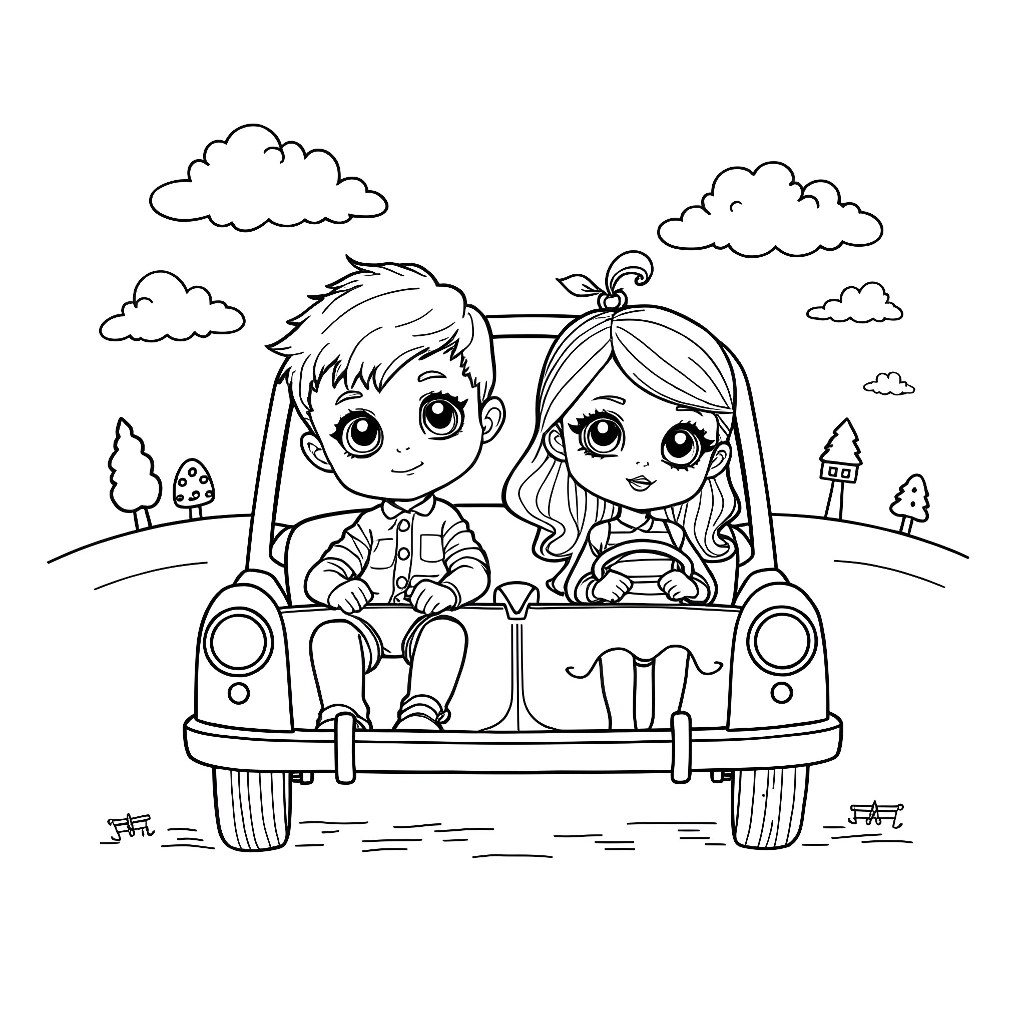 Doll couple riding in a toy car Coloring Page (free black-and-white line drawing printable PDF for all, from beginners to advanced learners, including children, teens, adults, and seniors)