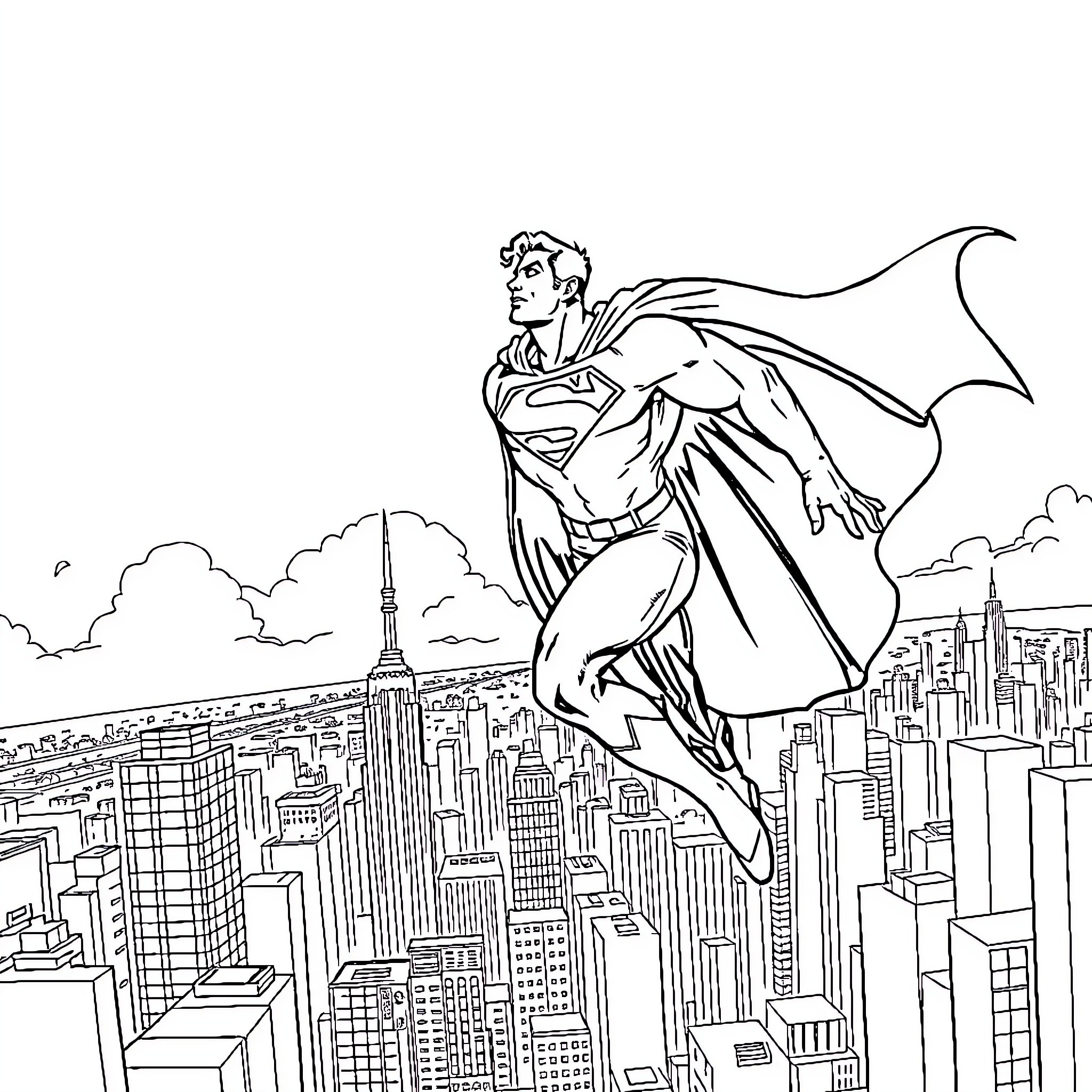 Superman soaring over the city skyline Coloring Page (free black-and-white line drawing printable PDF for all, from beginners to advanced learners, including children, teens, adults, and seniors)