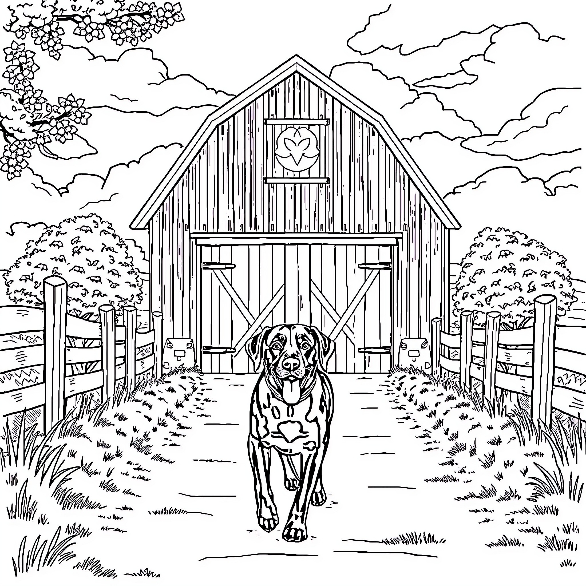 Lab Dog in Front of Rustic Barn Coloring Page (free black-and-white line drawing printable PDF for all, from beginners to advanced learners, including children, teens, adults, and seniors)
