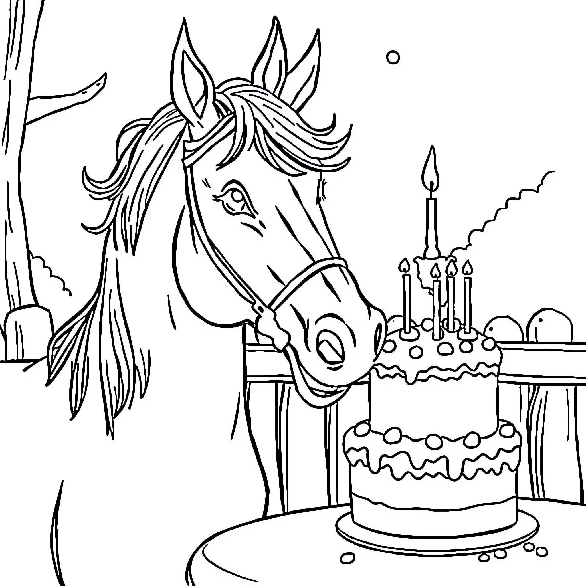 Horse standing near birthday cake Coloring Page (free black-and-white line drawing printable PDF for all, from beginners to advanced learners, including children, teens, adults, and seniors)
