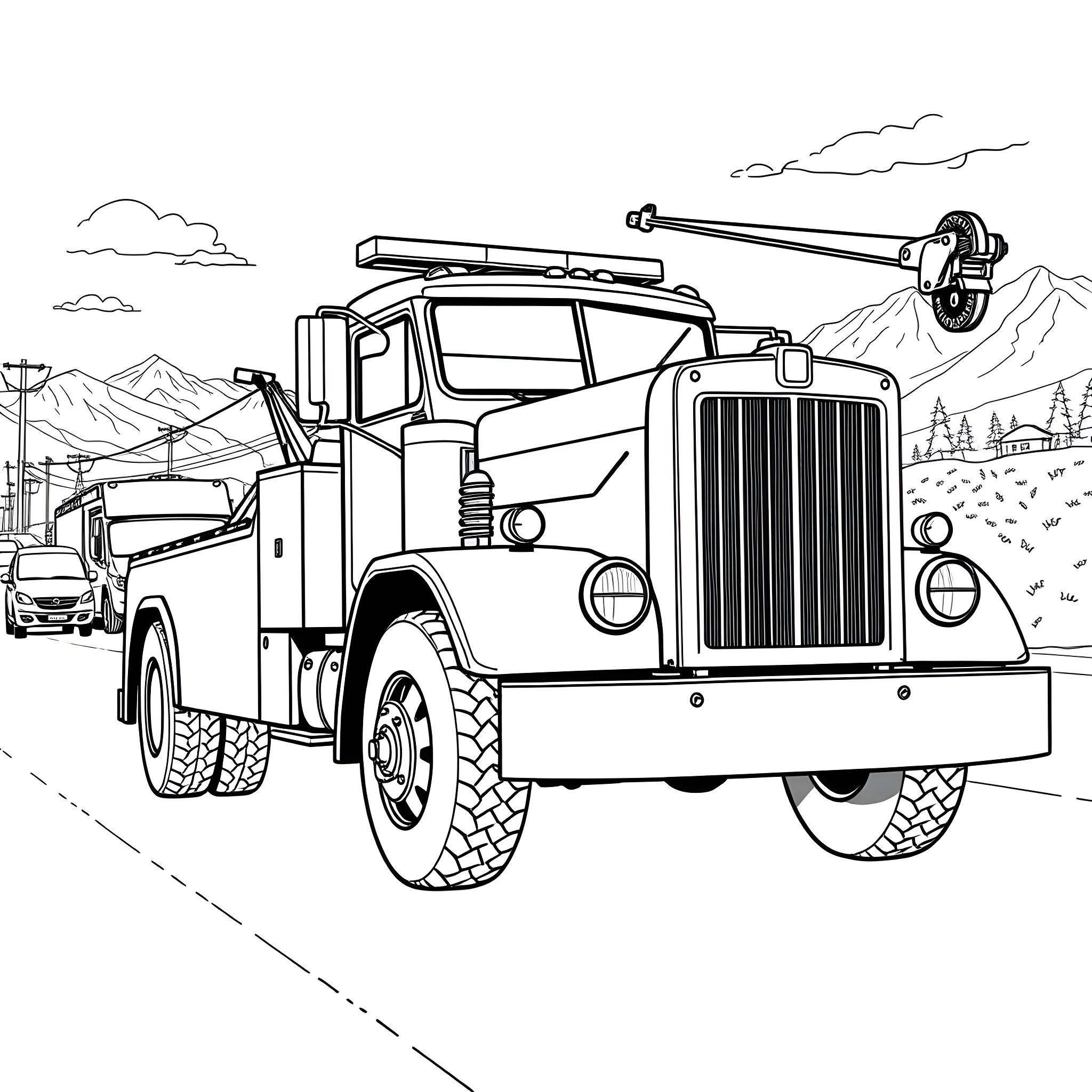 Tow Truck Assisting on Mountain Road Coloring Page (free black-and-white line drawing printable PDF for all, from beginners to advanced learners, including children, teens, adults, and seniors)