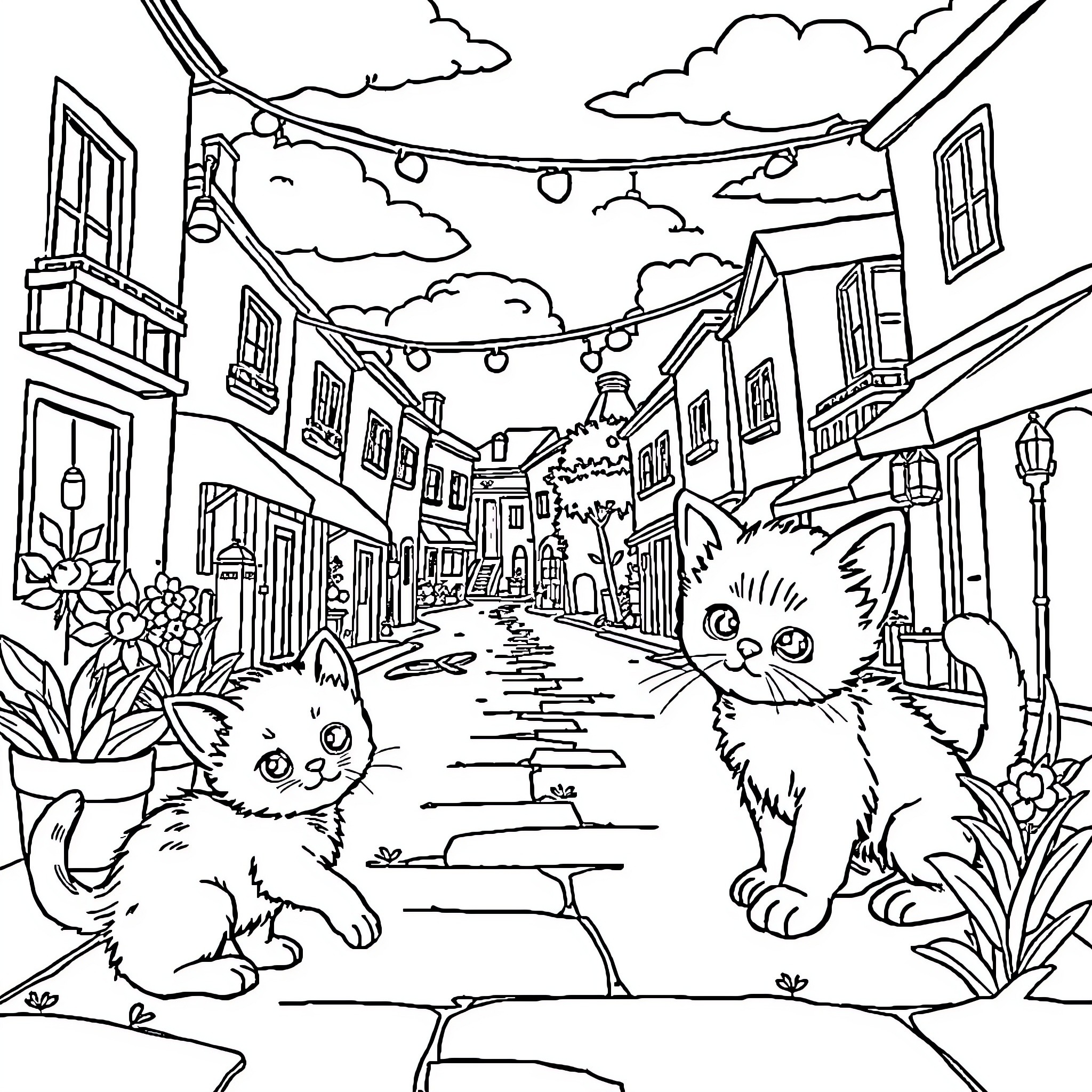 Kittens Exploring Whimsical Town Scene Coloring Page (free black-and-white line drawing printable PDF for all, from beginners to advanced learners, including children, teens, adults, and seniors)
