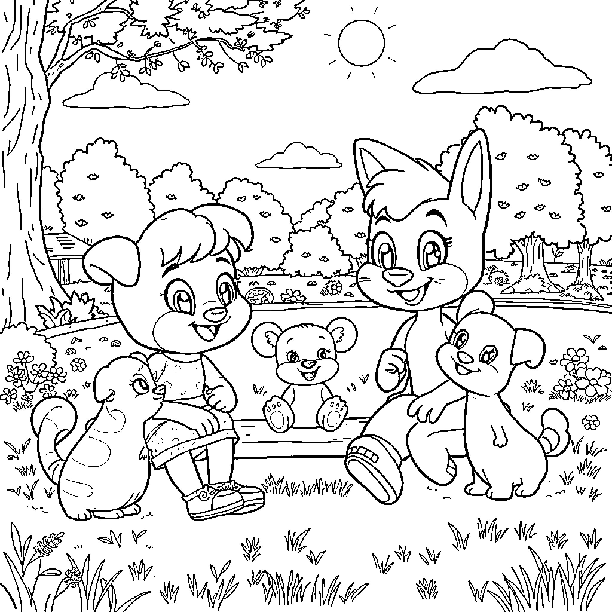 Bluey and friends explore the great outdoors Coloring Page (free black-and-white line drawing printable PDF for all, from beginners to advanced learners, including children, teens, adults, and seniors)