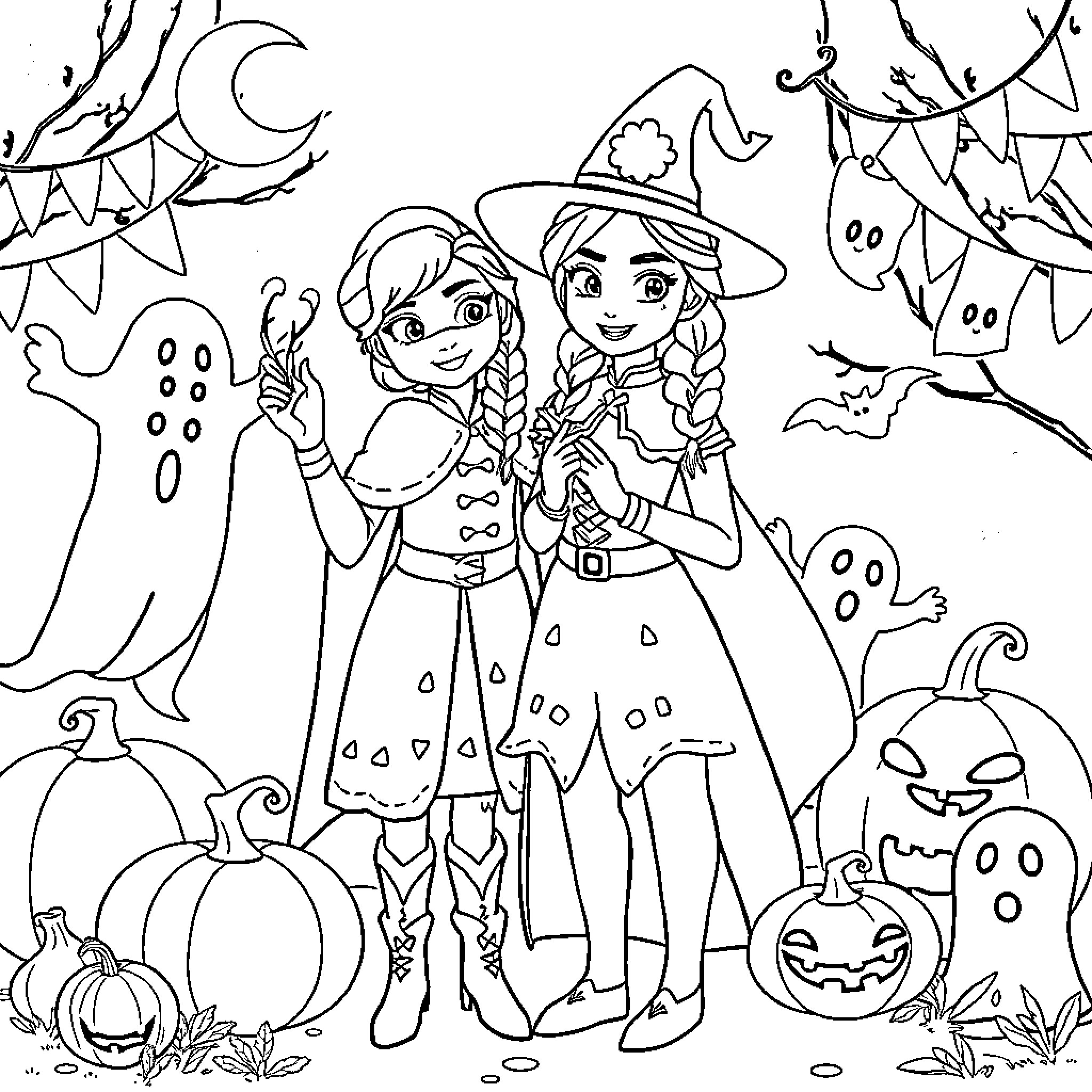 Anna and Elsa Celebrating Halloween with Ghosts and Pumpkins Coloring Page (free black-and-white line drawing printable PDF for all, from beginners to advanced learners, including children, teens, adults, and seniors)