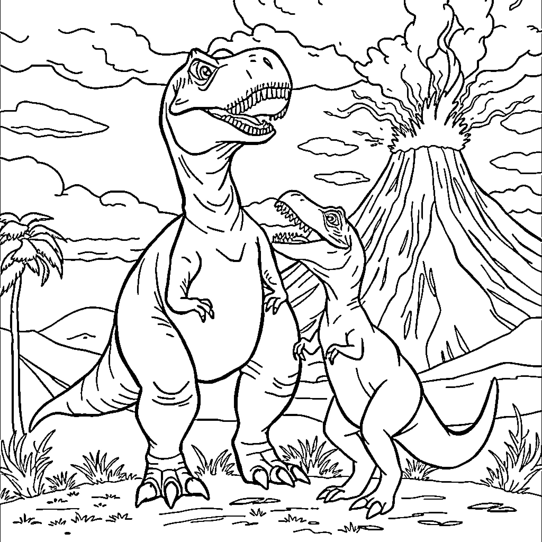 T-Rex Roaring in Front of Erupting Volcano Coloring Page (free black-and-white line drawing printable PDF for all, from beginners to advanced learners, including children, teens, adults, and seniors)