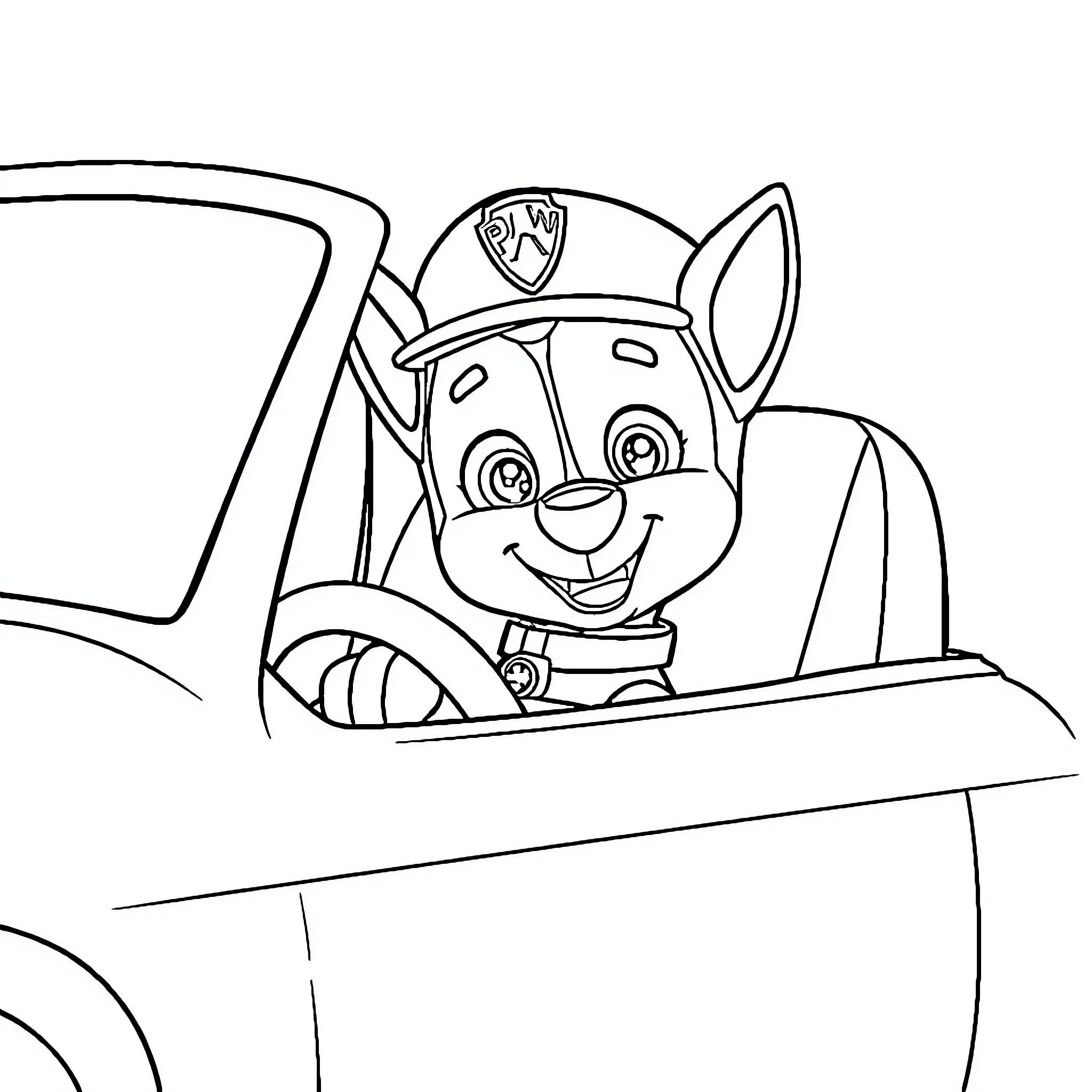 Patrol dog riding happily in police car Coloring Page (free black-and-white line drawing printable PDF for all, from beginners to advanced learners, including children, teens, adults, and seniors)