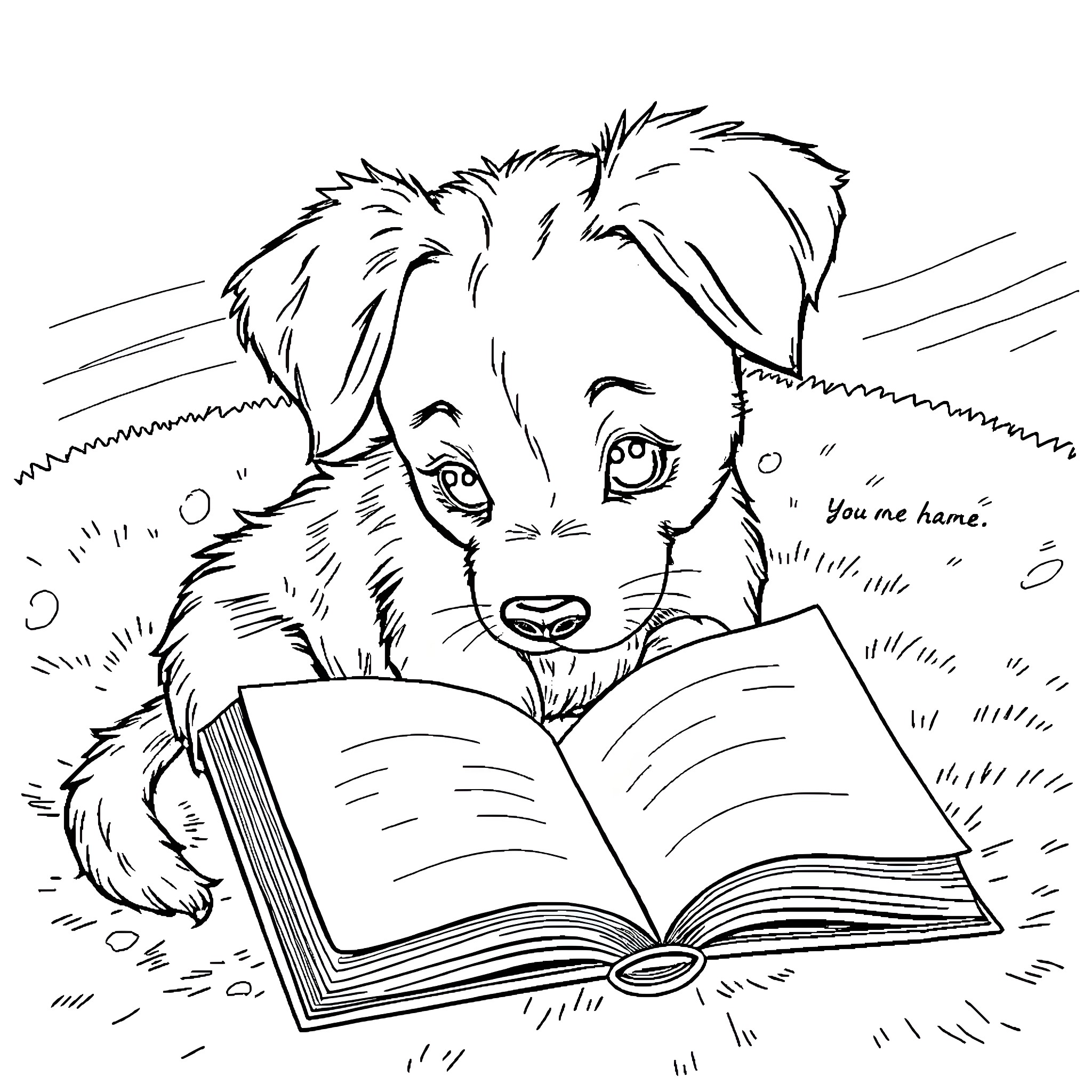 Dog reading an open book with curiosity Coloring Page (free black-and-white line drawing printable PDF for all, from beginners to advanced learners, including children, teens, adults, and seniors)