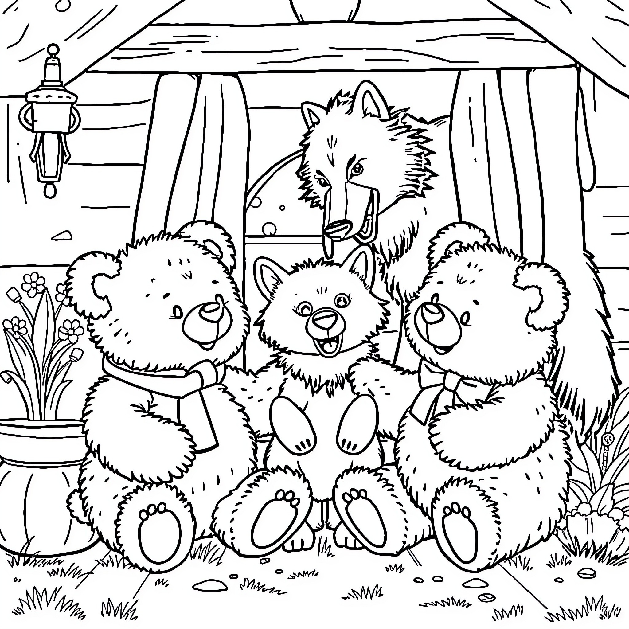 Teddy Bears Enjoying a Cozy Cabin Scene Coloring Page (free black-and-white line drawing printable PDF for all, from beginners to advanced learners, including children, teens, adults, and seniors)
