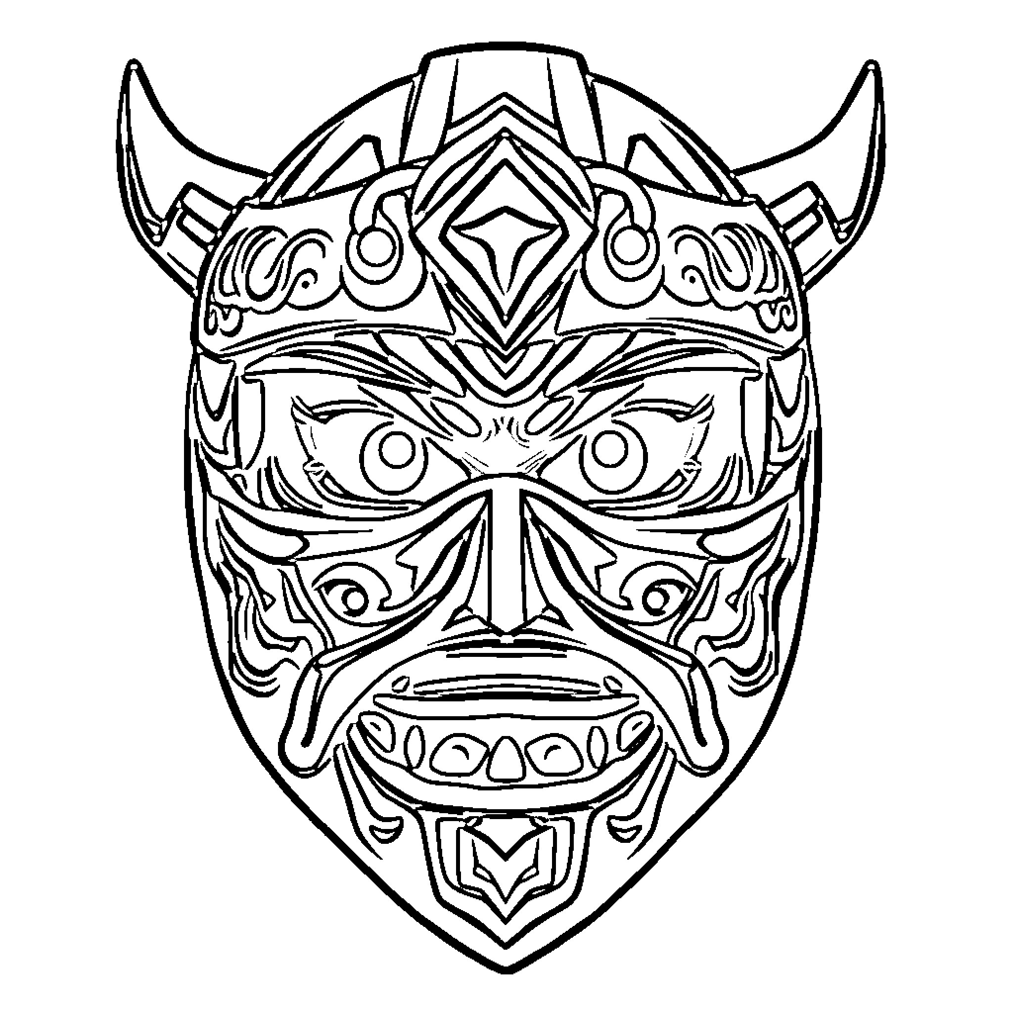LEGO Ninjago Mask with Intricate Tribal Designs Coloring Page (free black-and-white line drawing printable PDF for all, from beginners to advanced learners, including children, teens, adults, and seniors)