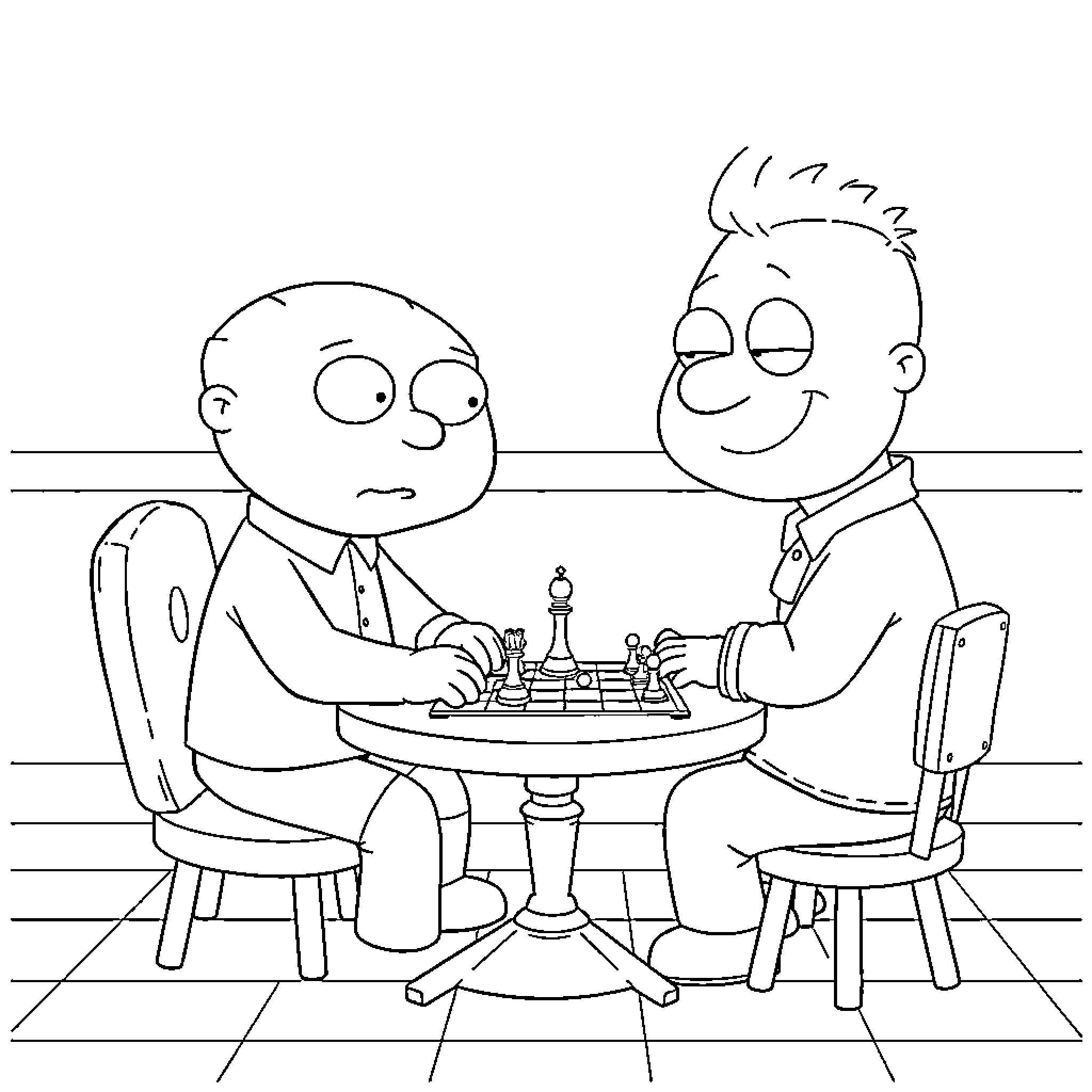 Stewie Griffin playing chess with friend Coloring Page (free black-and-white line drawing printable PDF for all, from beginners to advanced learners, including children, teens, adults, and seniors)