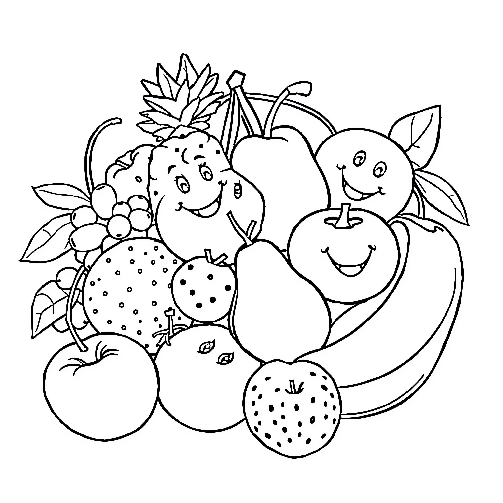 Fruit Basket with Smiling Produce Coloring Page (free black-and-white line drawing printable PDF for all, from beginners to advanced learners, including children, teens, adults, and seniors)
