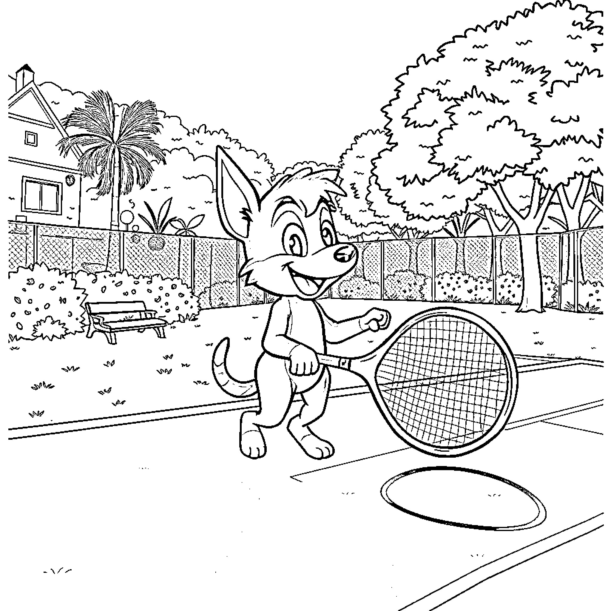 Bluey playing tennis in the backyard Coloring Page (free black-and-white line drawing printable PDF for all, from beginners to advanced learners, including children, teens, adults, and seniors)