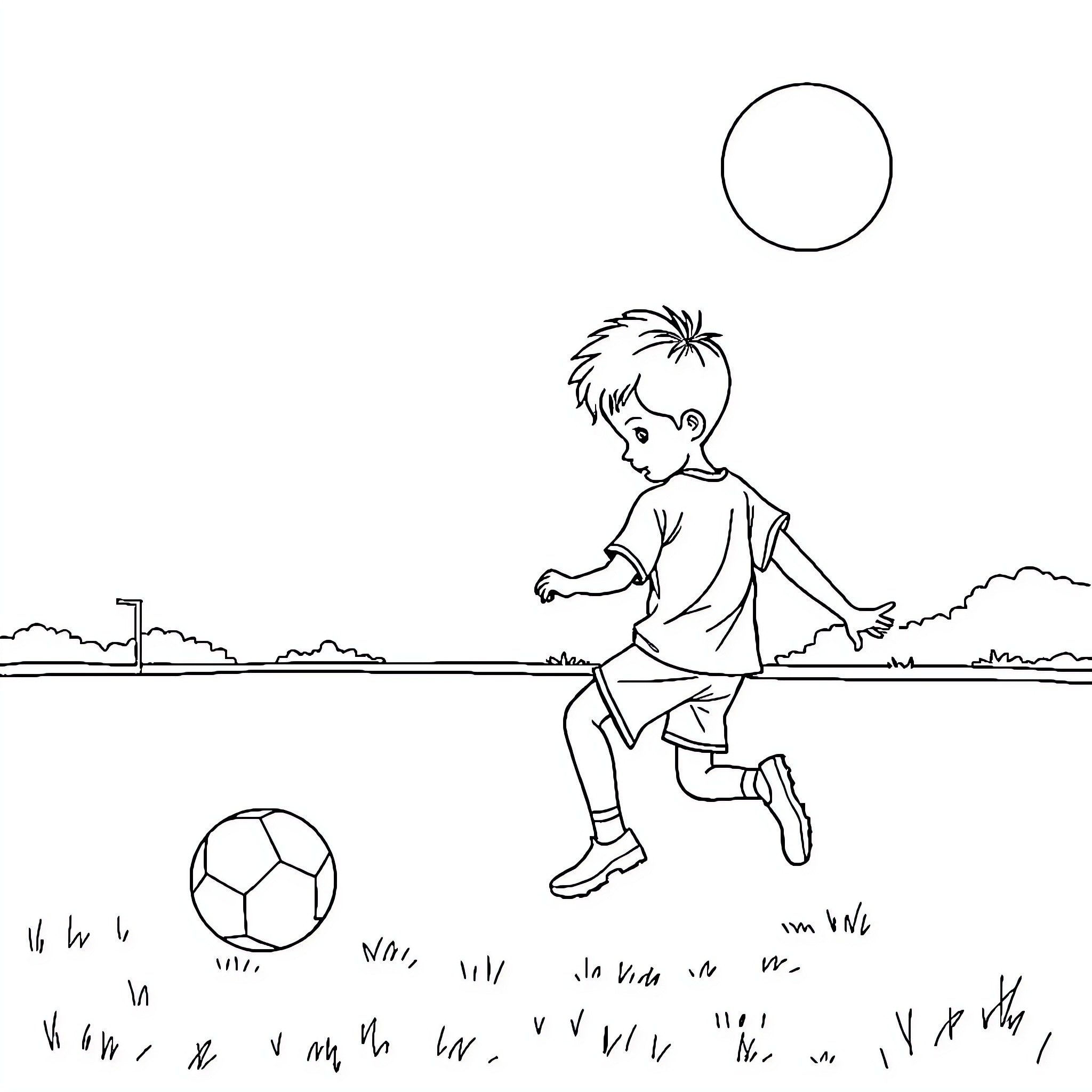 Boy playing with soccer ball in outdoor field Coloring Page (free black-and-white line drawing printable PDF for all, from beginners to advanced learners, including children, teens, adults, and seniors)