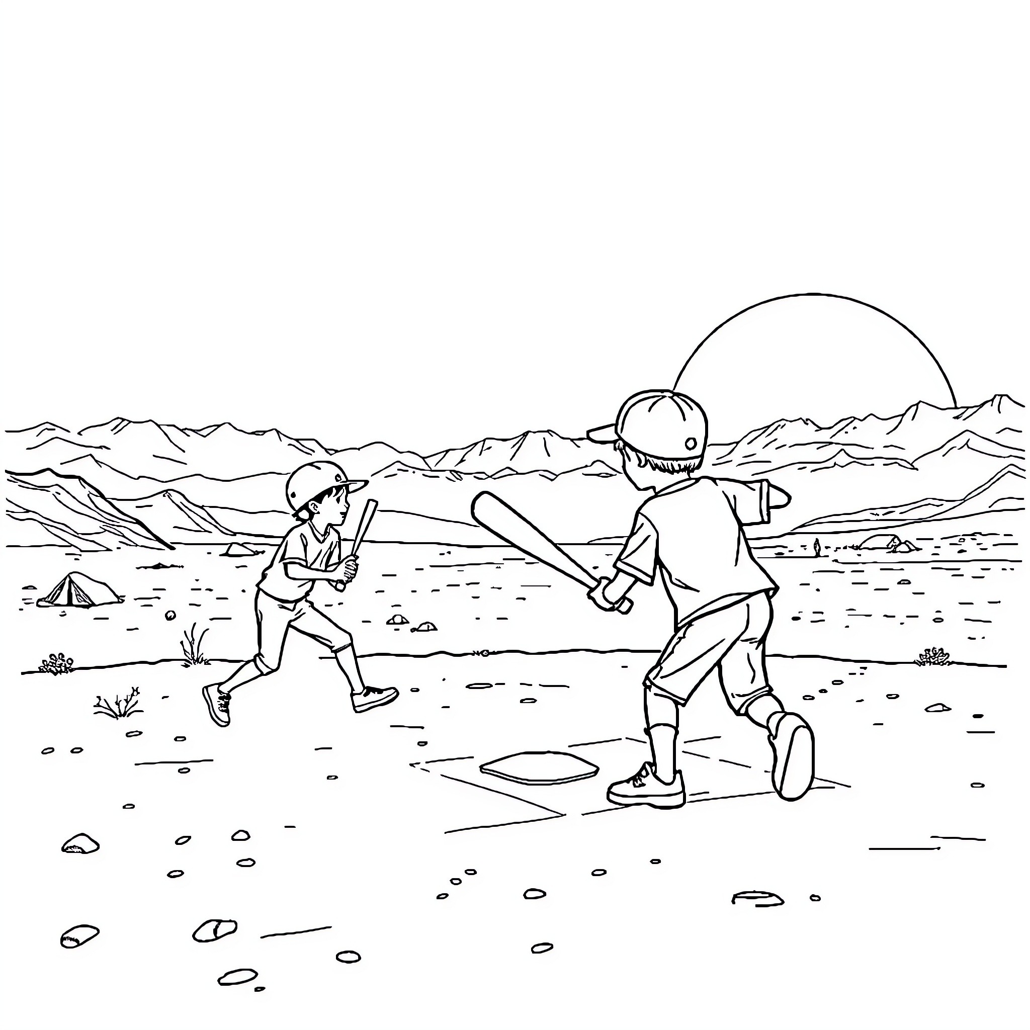Baseball Players Engaging in Friendly Match Coloring Page (free black-and-white line drawing printable PDF for all, from beginners to advanced learners, including children, teens, adults, and seniors)